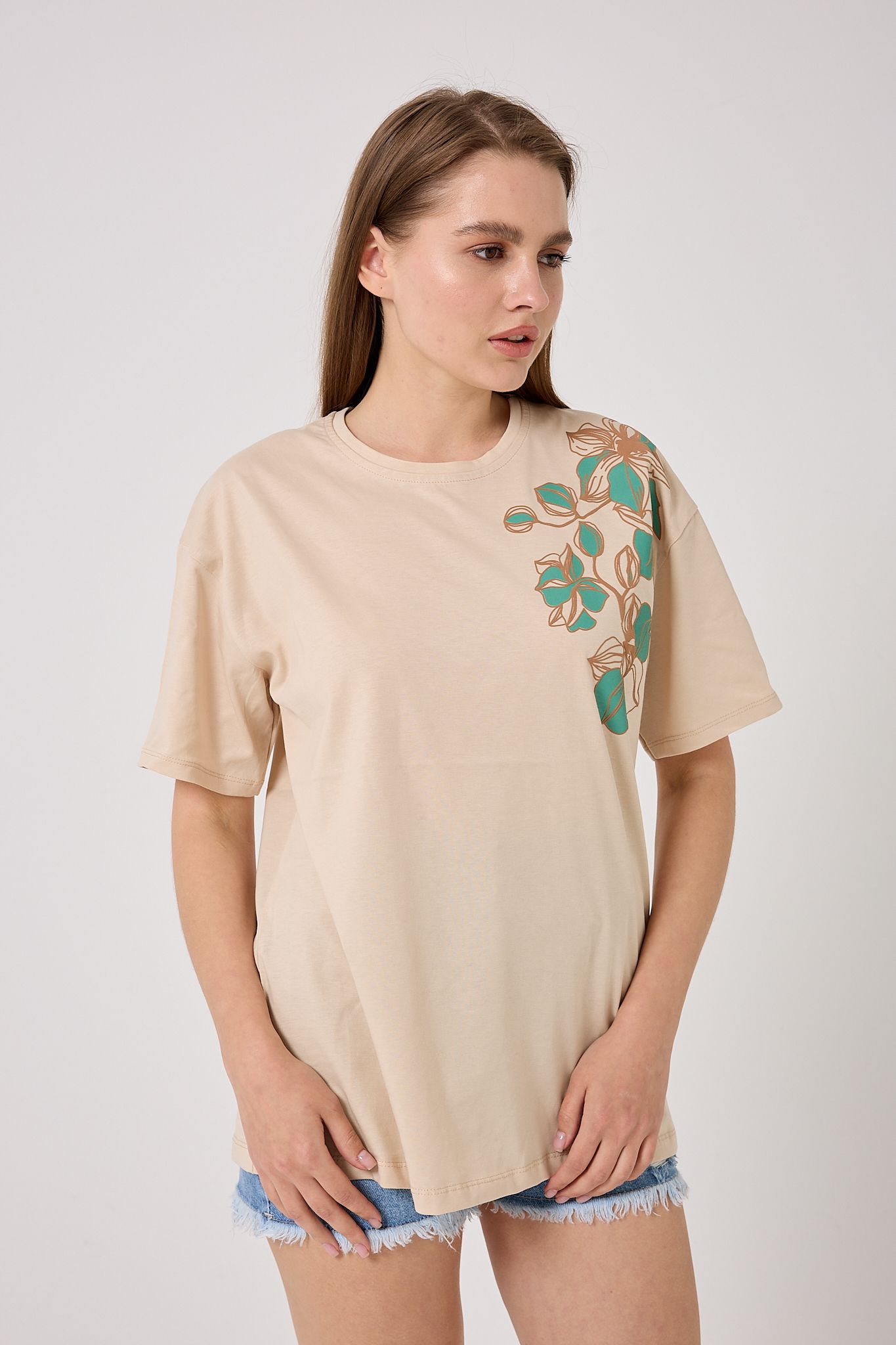 Oversize Omuz Çiçek Baskılı T-Shirt - Bej