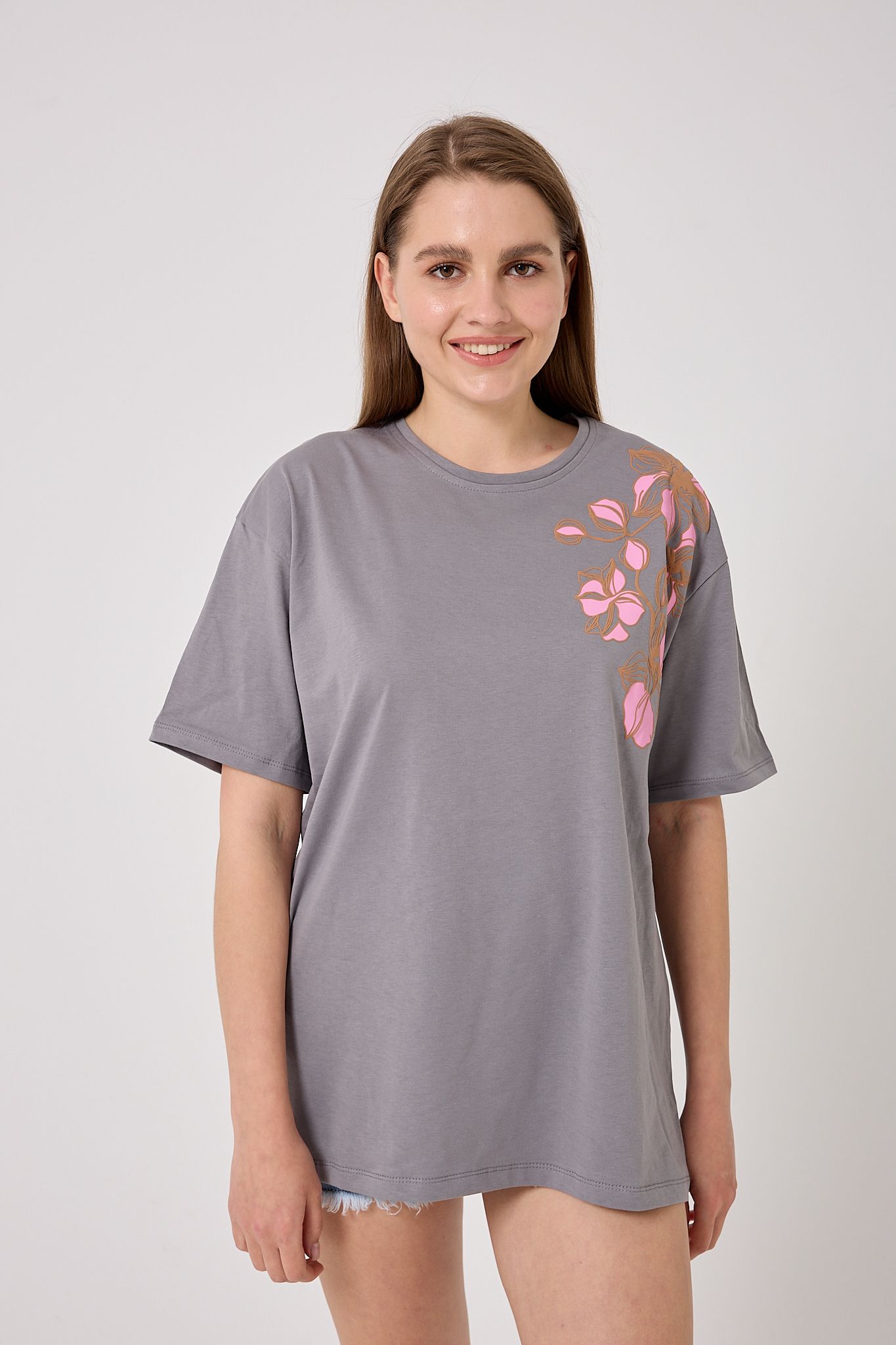 Oversize Omuz Çiçek Baskılı T-Shirt - Füme