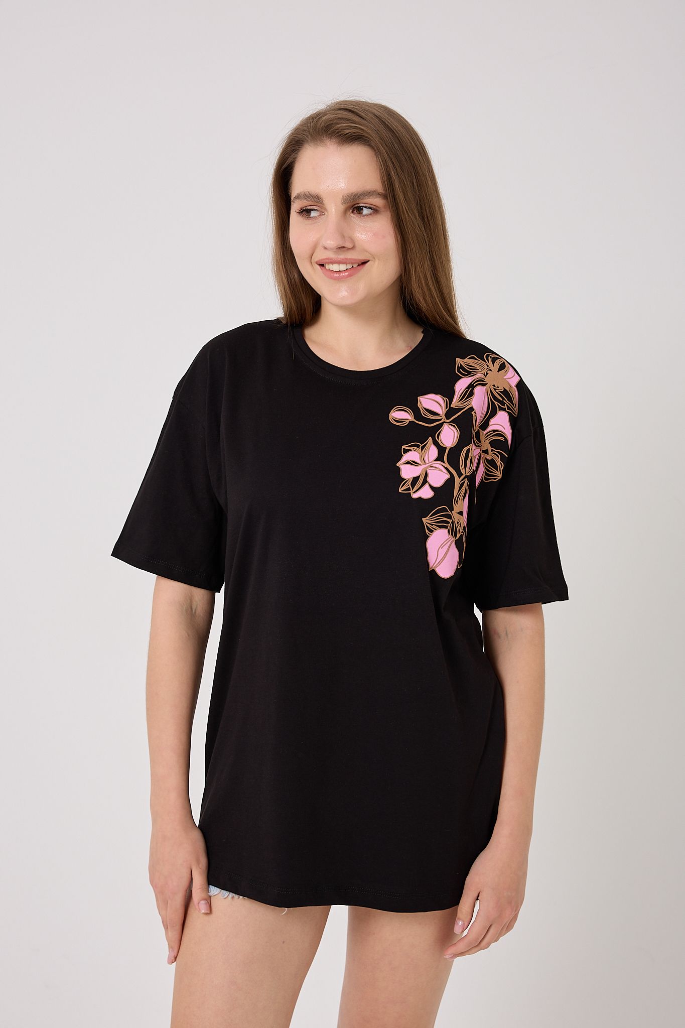 Oversize Omuz Çiçek Baskılı T-Shirt - Siyah