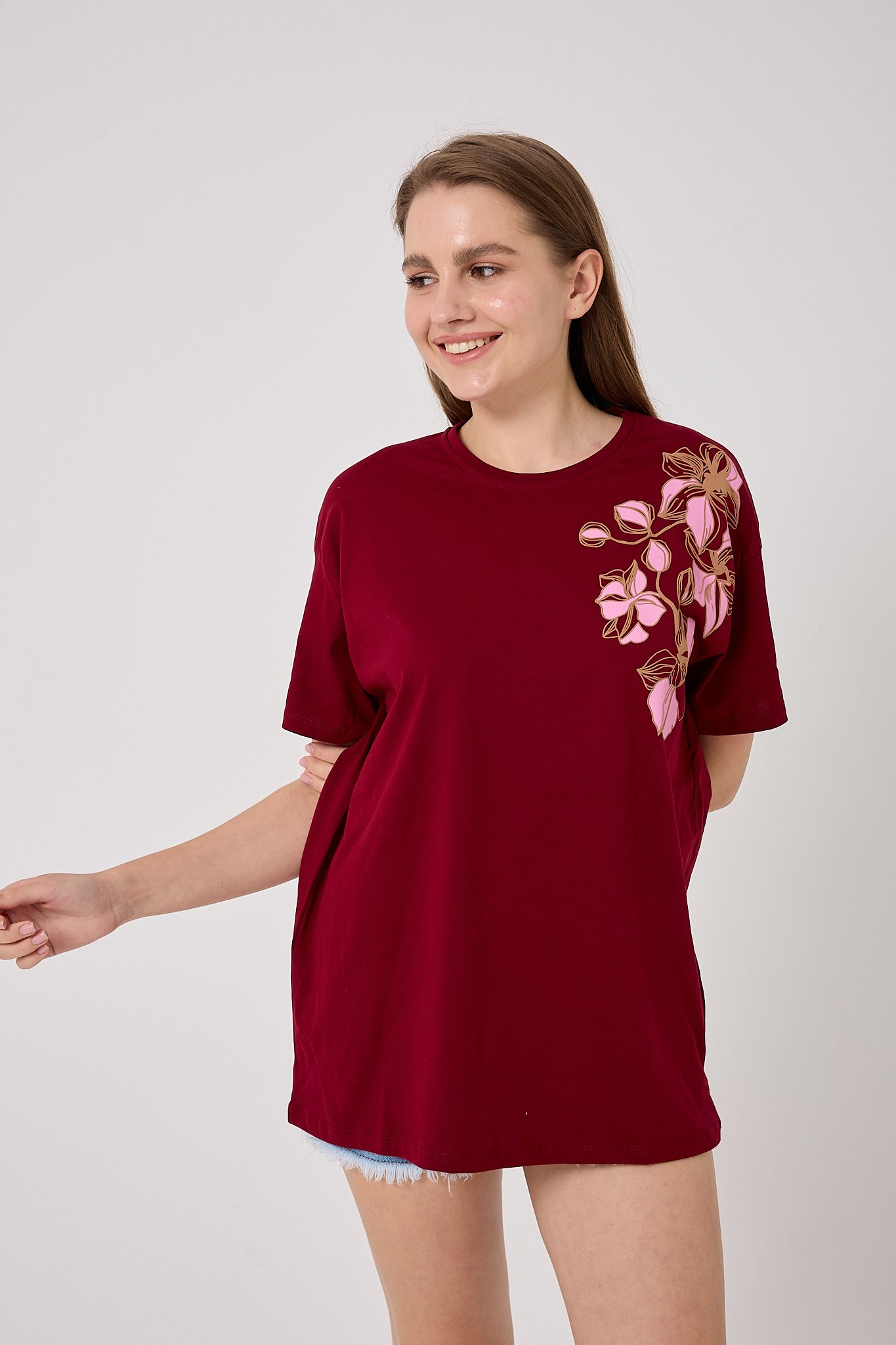 Oversize Omuz Çiçek Baskılı T-Shirt - Bordo