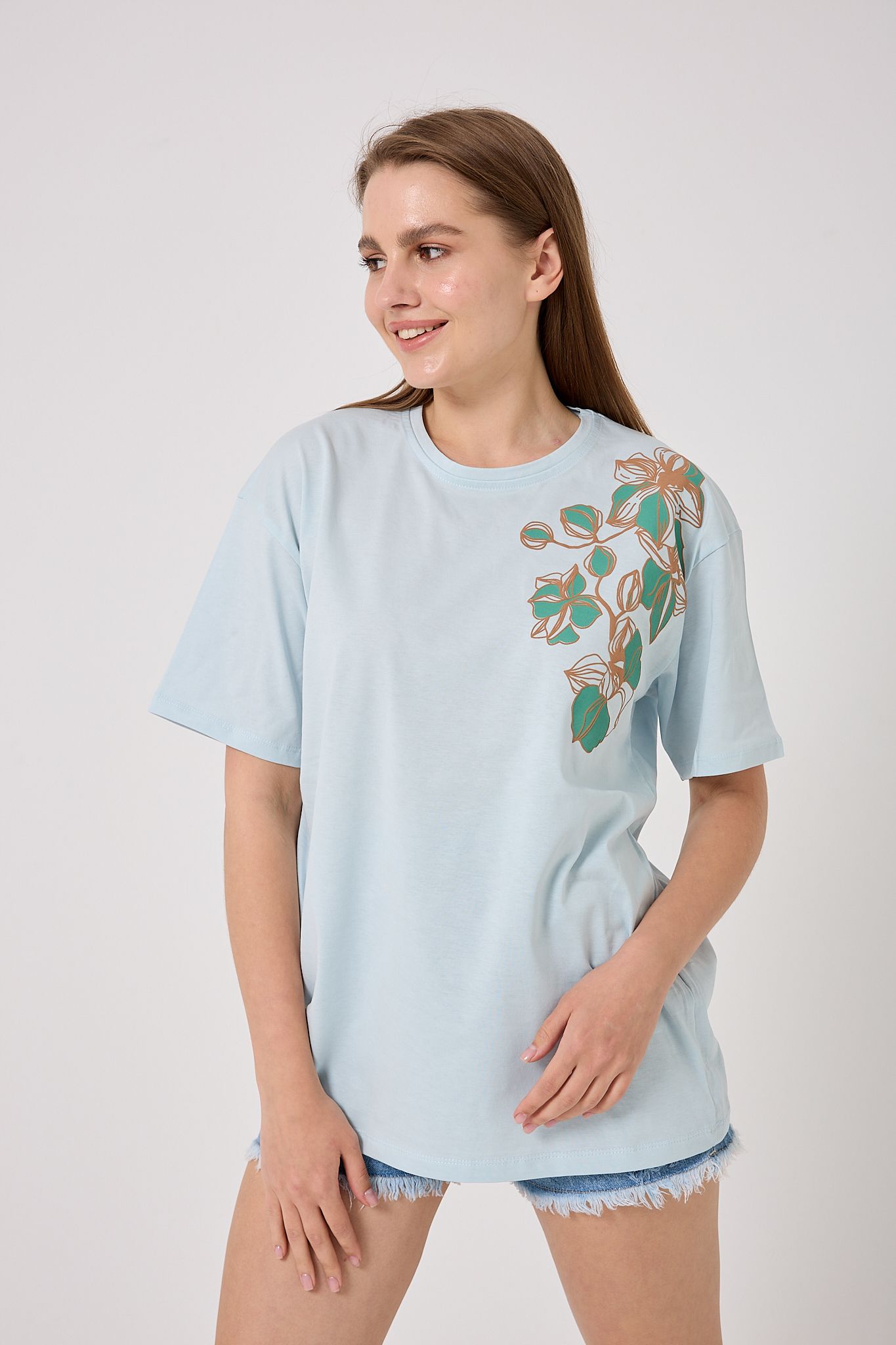 Oversize Omuz Çiçek Baskılı T-Shirt