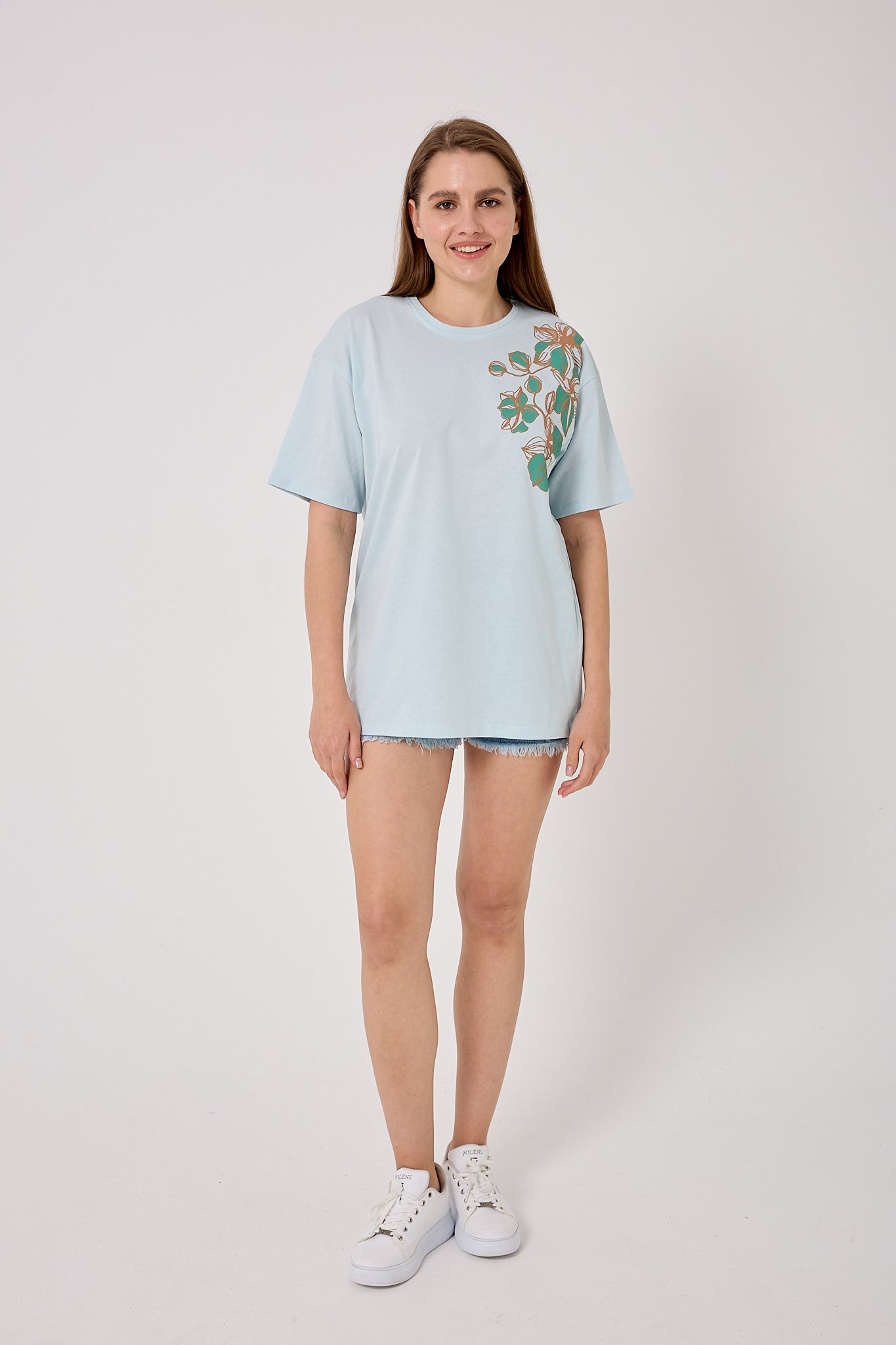 Oversize Omuz Çiçek Baskılı T-Shirt