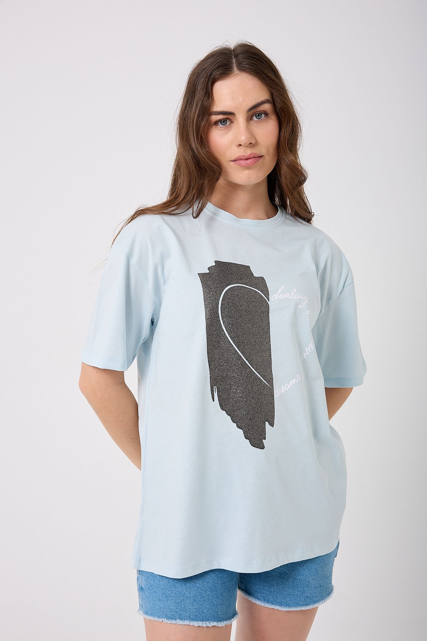 Oversize Simli Yarım Kalp Baskılı T-Shirt - Bebe-Mavi