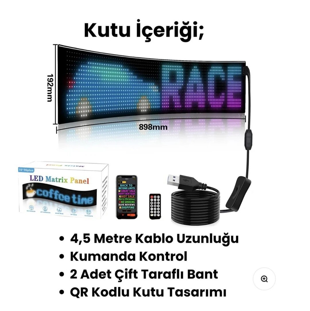 Kişiselleştirilebilir Matrix Car LED Ekran (90x19cm)