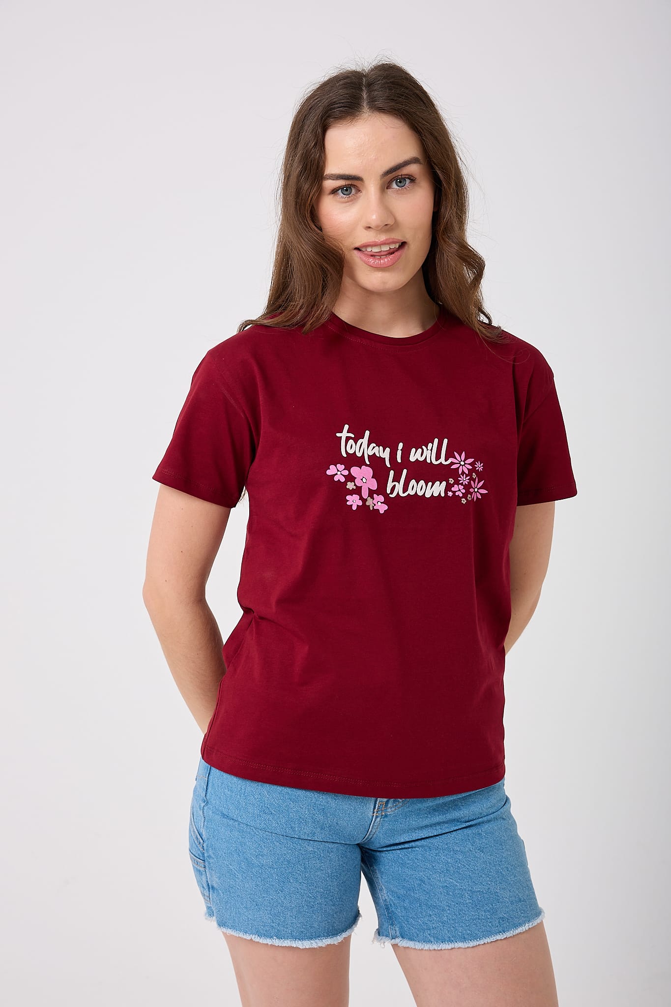 Oversize Today I Will Bloom Yazı Baskılı T-Shirt - Bordo