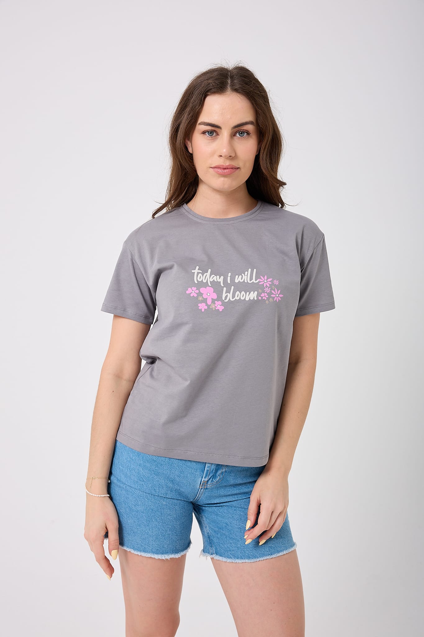 Oversize Today I Will Bloom Yazı Baskılı T-Shirt - Füme