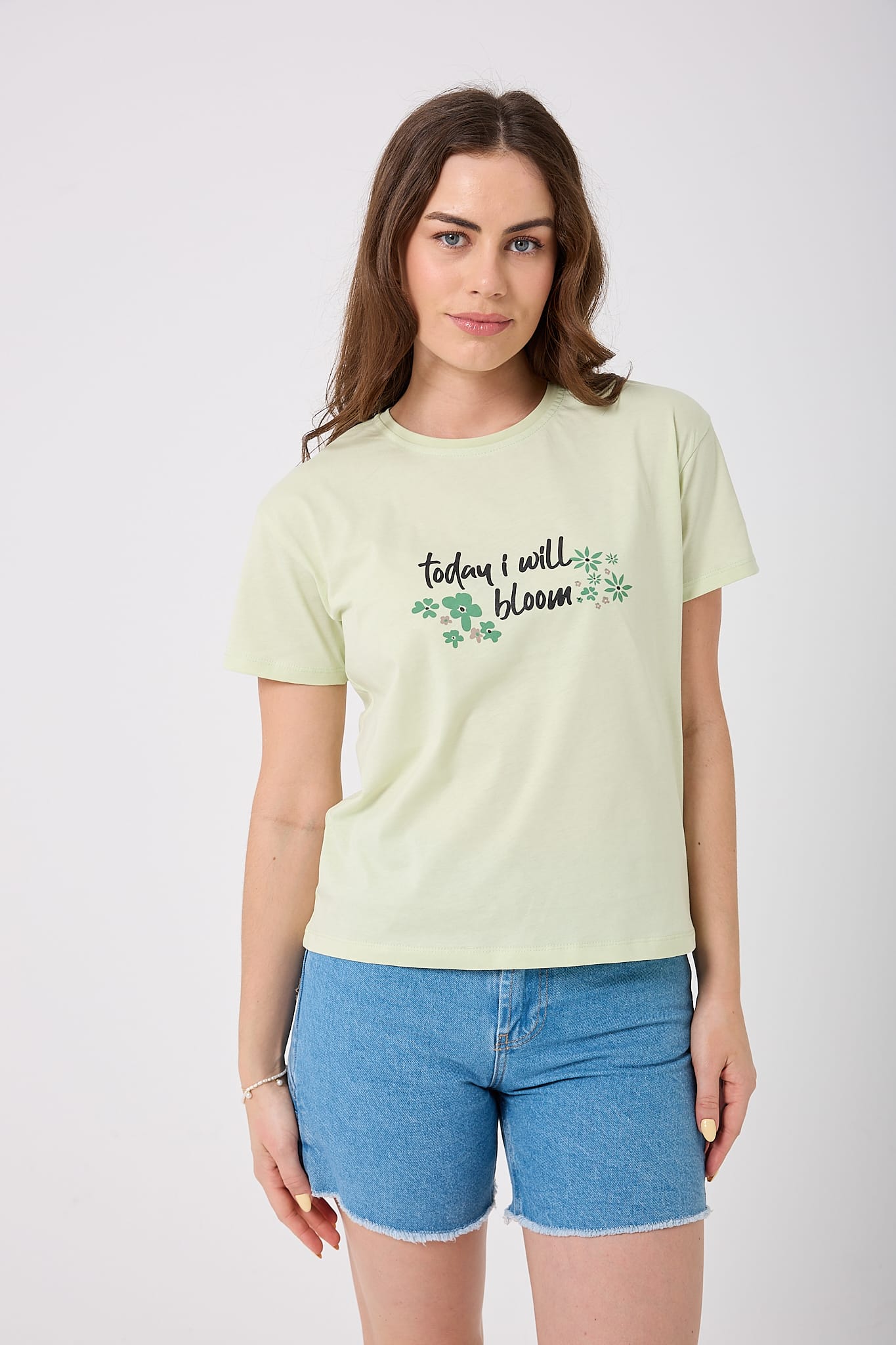 Oversize Today I Will Bloom Yazı Baskılı T-Shirt - Fıstık Yeşili