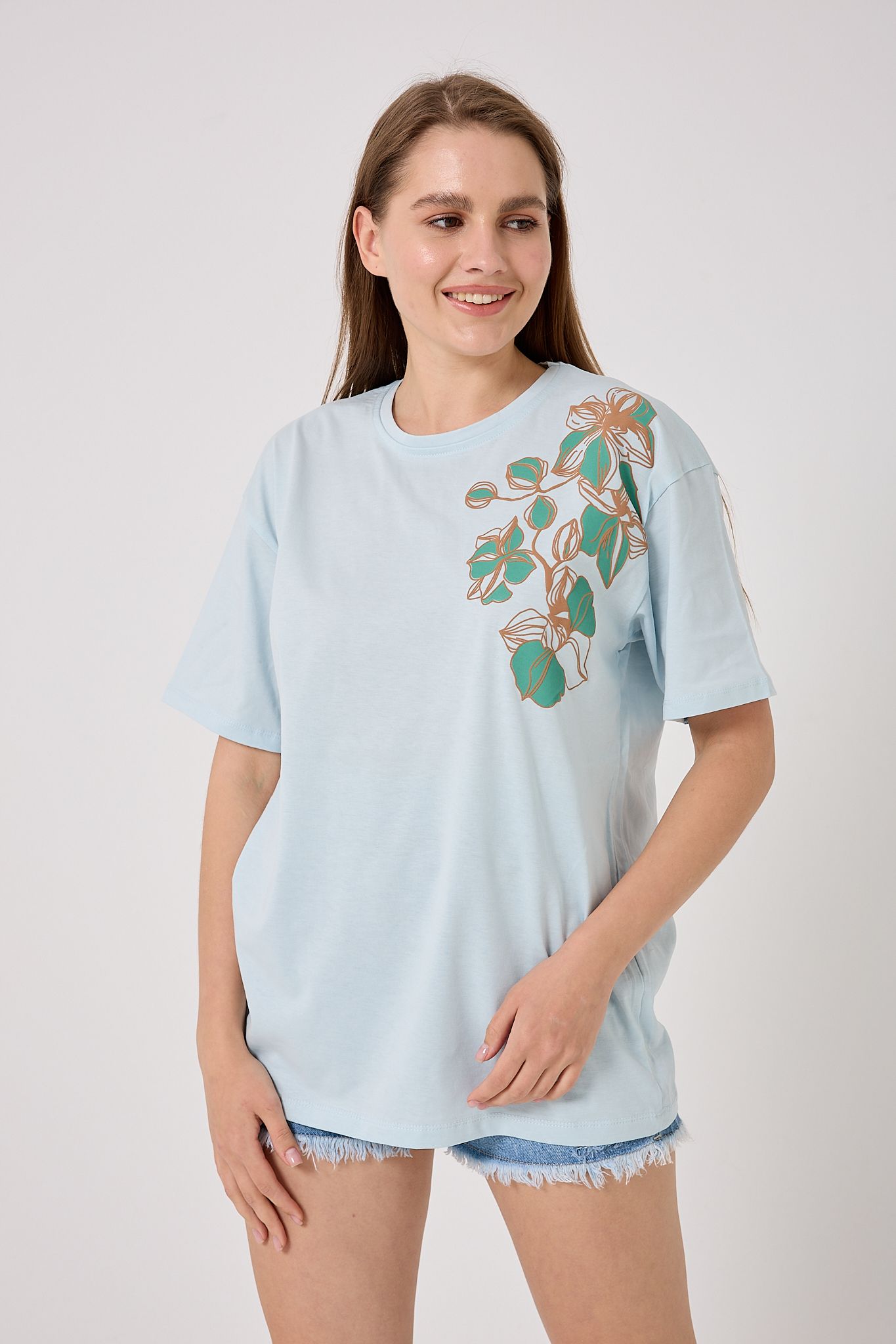 Oversize Omuz Çiçek Baskılı T-Shirt
