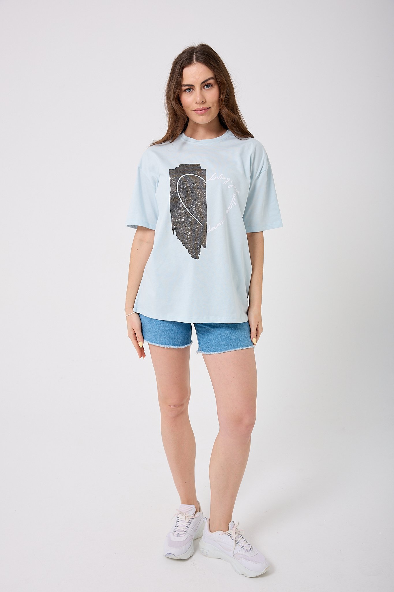 Oversize Simli Yarım Kalp Baskılı T-Shirt