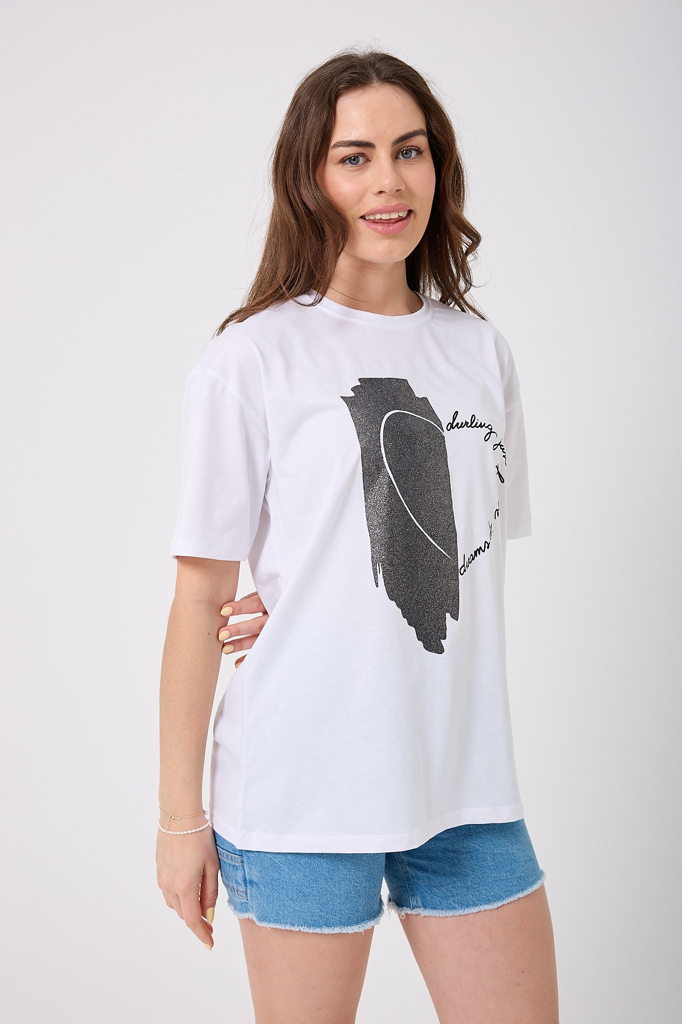 Oversize Simli Yarım Kalp Baskılı T-Shirt - Beyaz