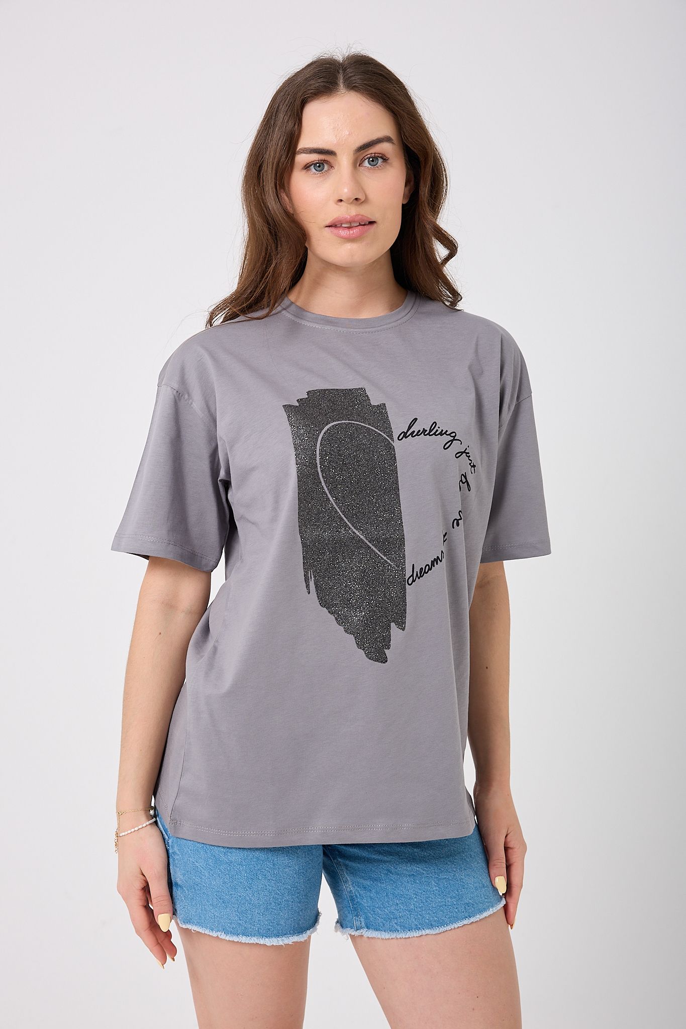 Oversize Simli Yarım Kalp Baskılı T-Shirt - Füme