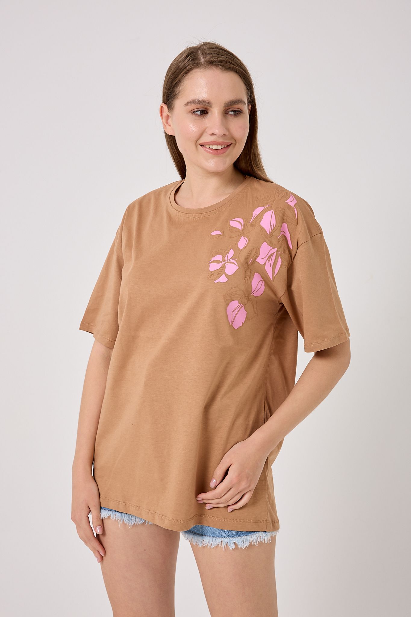 Oversize Omuz Çiçek Baskılı T-Shirt - Vizon