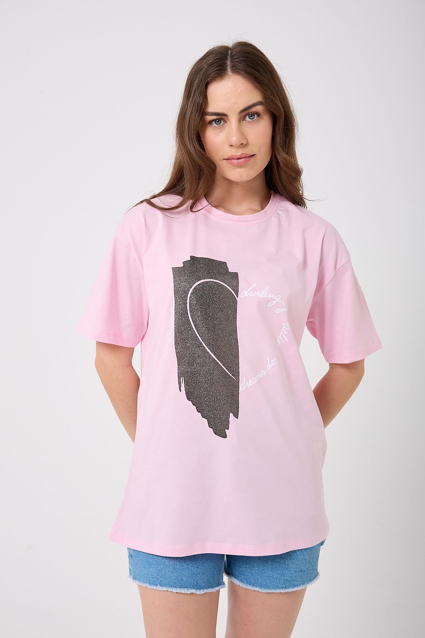 Oversize Simli Yarım Kalp Baskılı T-Shirt - Pembe