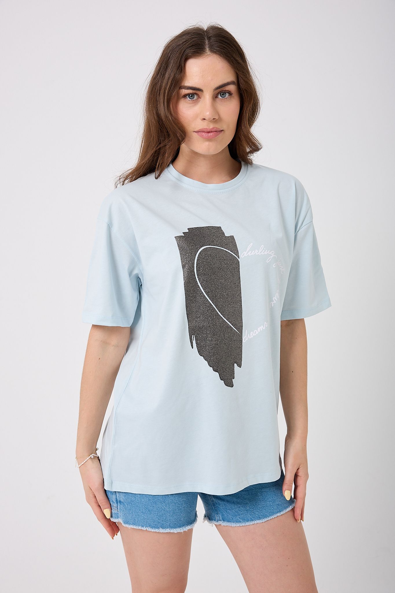 Oversize Simli Yarım Kalp Baskılı T-Shirt