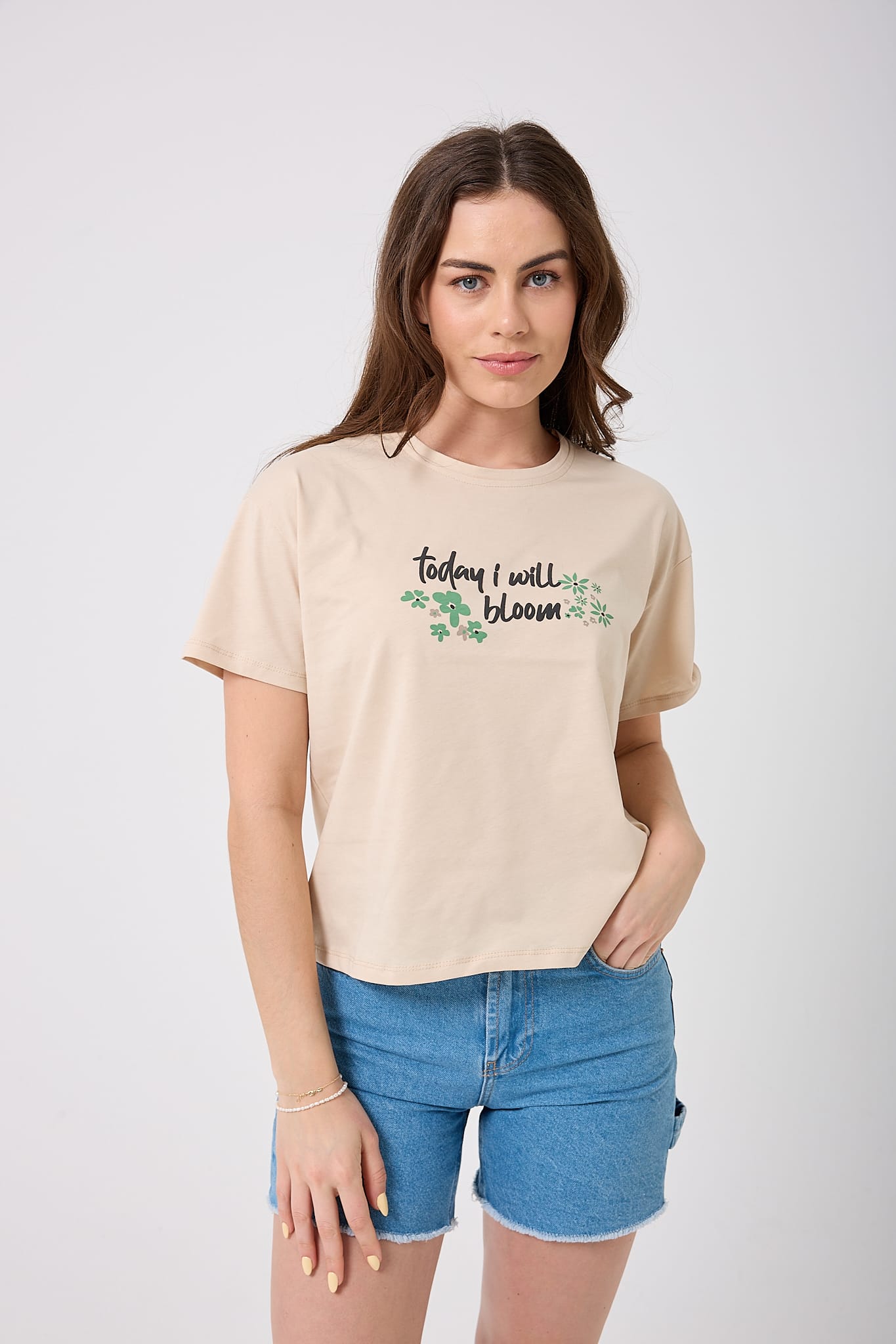 Oversize Today I Will Bloom Yazı Baskılı T-Shirt - Bej