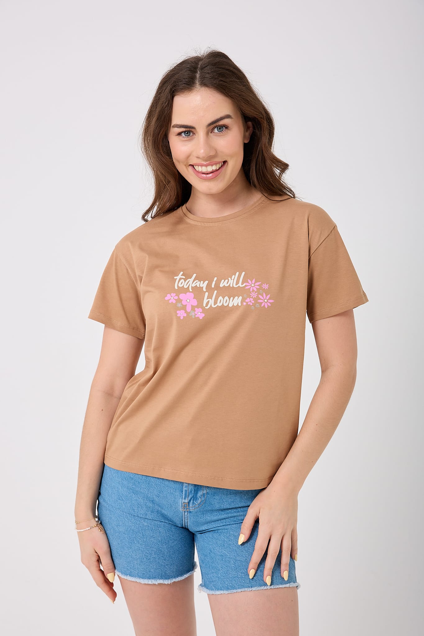 Oversize Today I Will Bloom Yazı Baskılı T-Shirt - Vizon