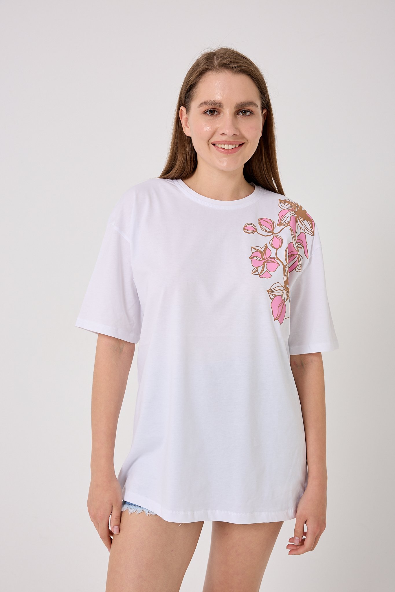 Oversize Omuz Çiçek Baskılı T-Shirt - Beyaz