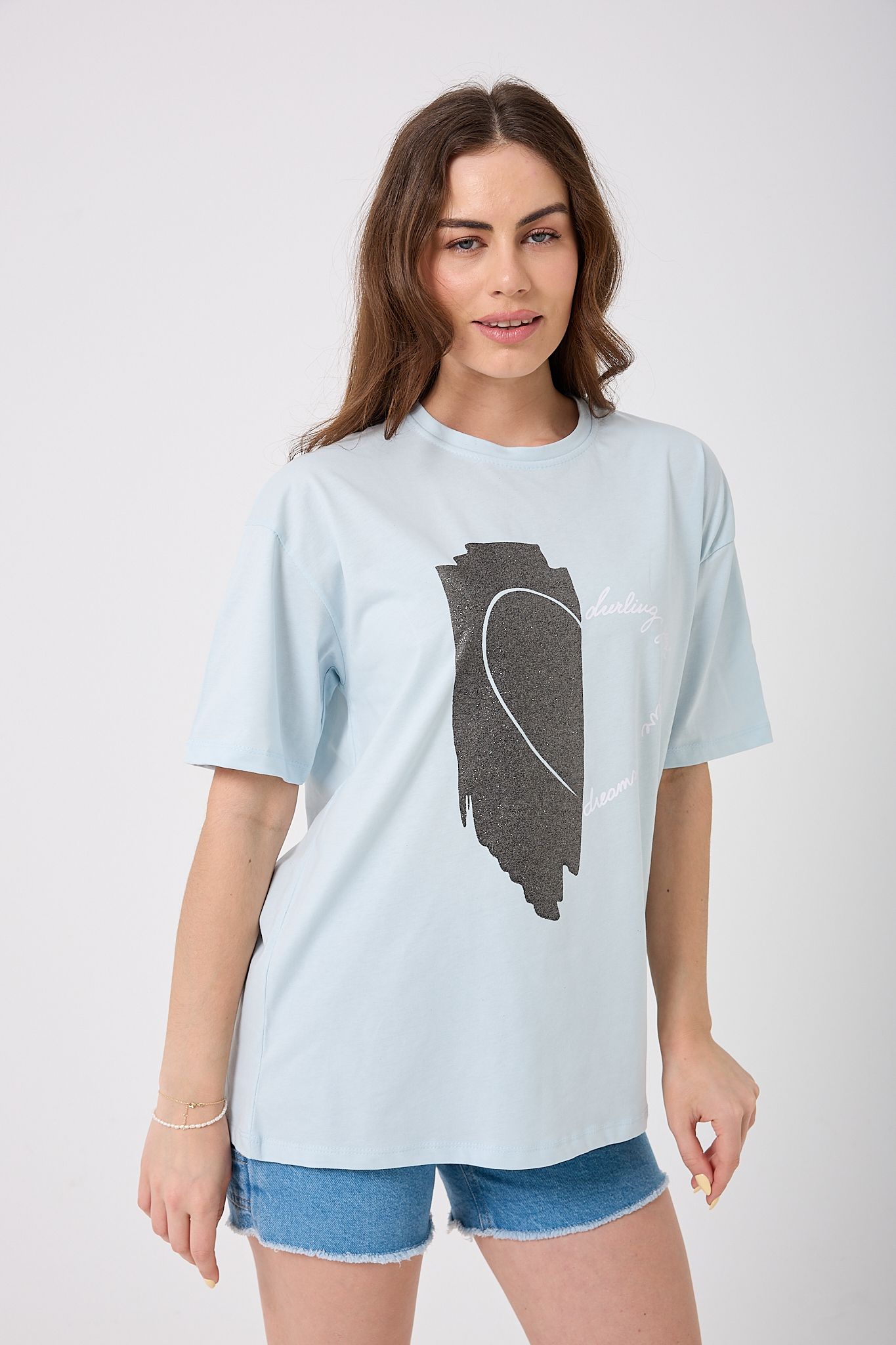 Oversize Simli Yarım Kalp Baskılı T-Shirt