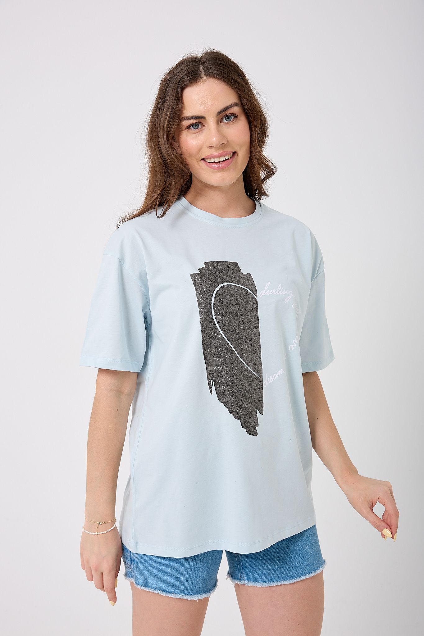 Oversize Simli Yarım Kalp Baskılı T-Shirt