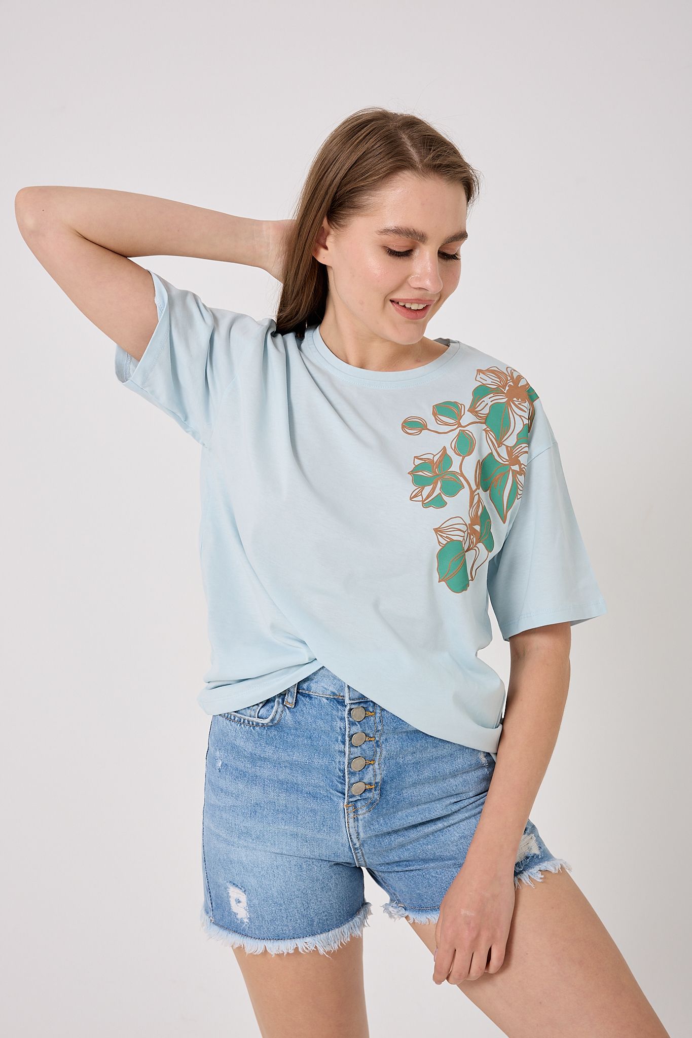 Oversize Omuz Çiçek Baskılı T-Shirt - Bebe-Mavi