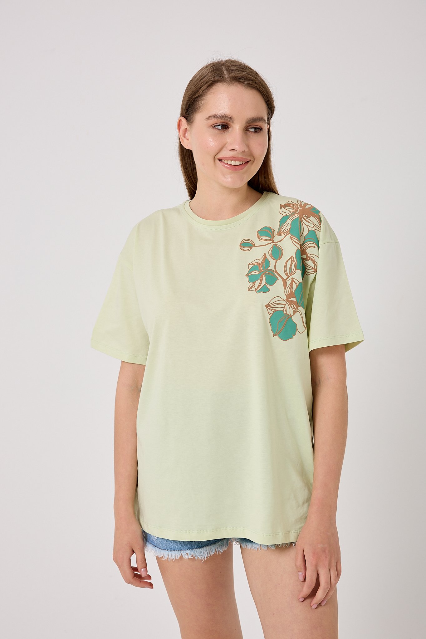Oversize Omuz Çiçek Baskılı T-Shirt - Fıstık Yeşili