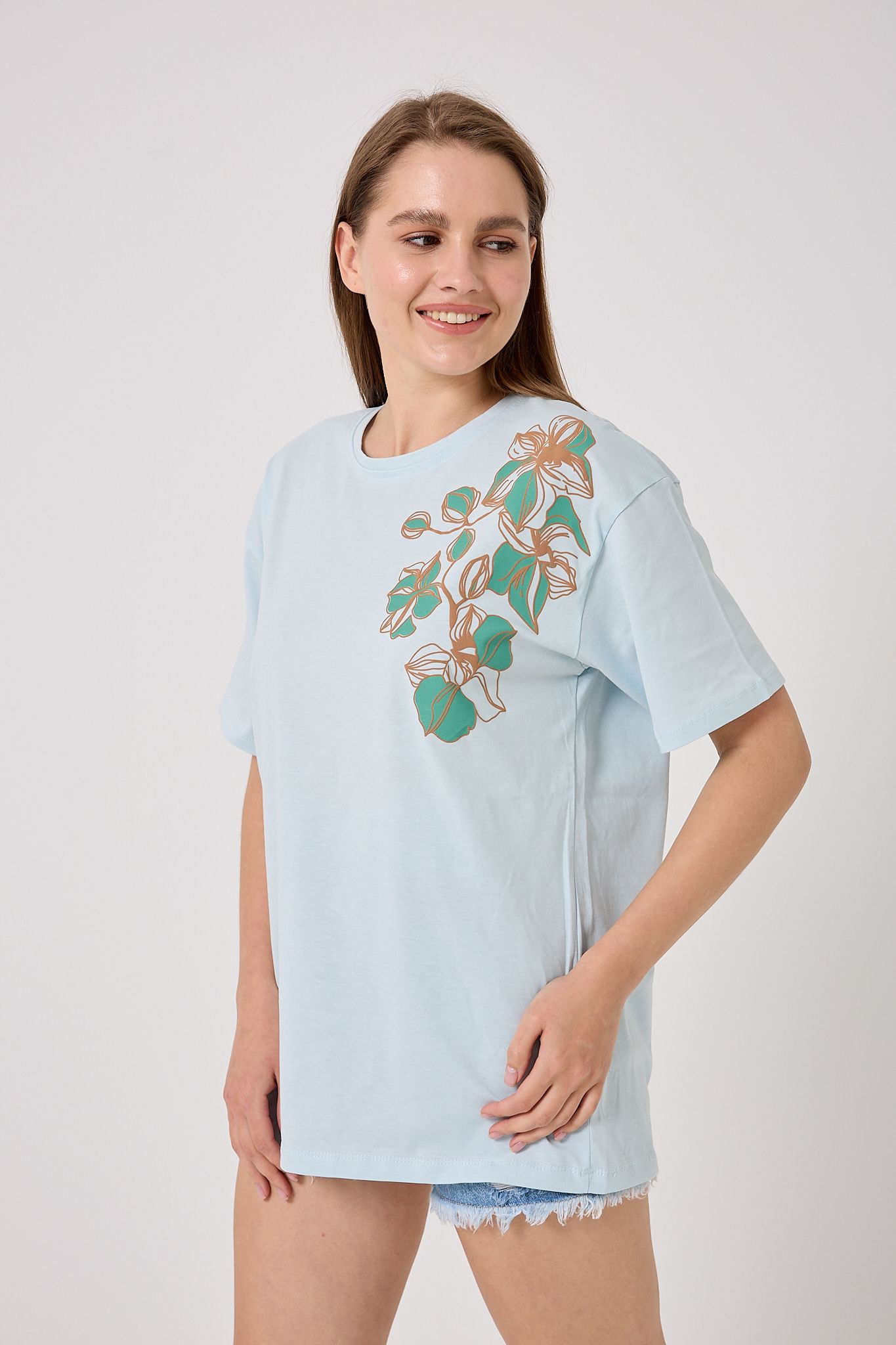 Oversize Omuz Çiçek Baskılı T-Shirt