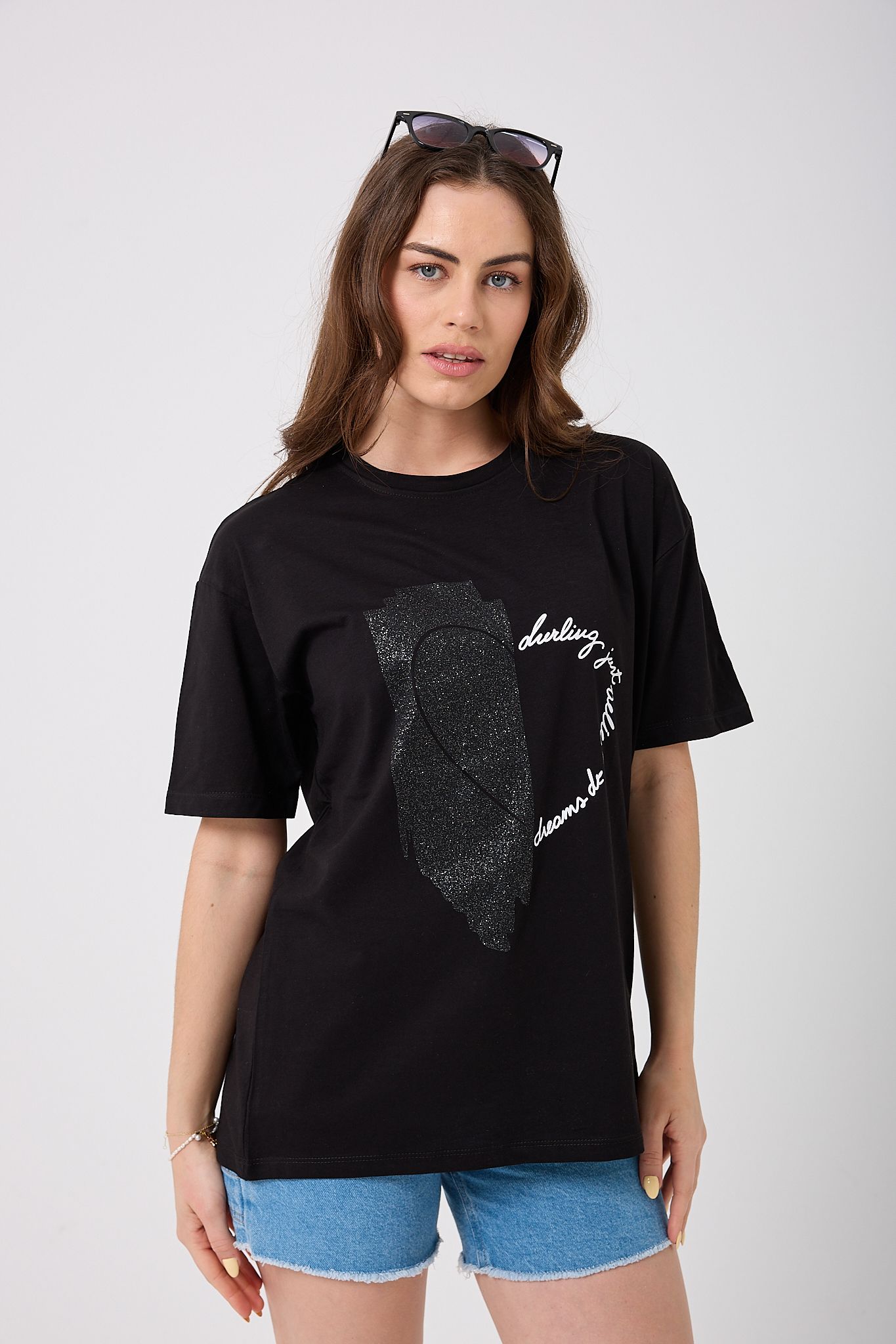 Oversize Simli Yarım Kalp Baskılı T-Shirt - Siyah