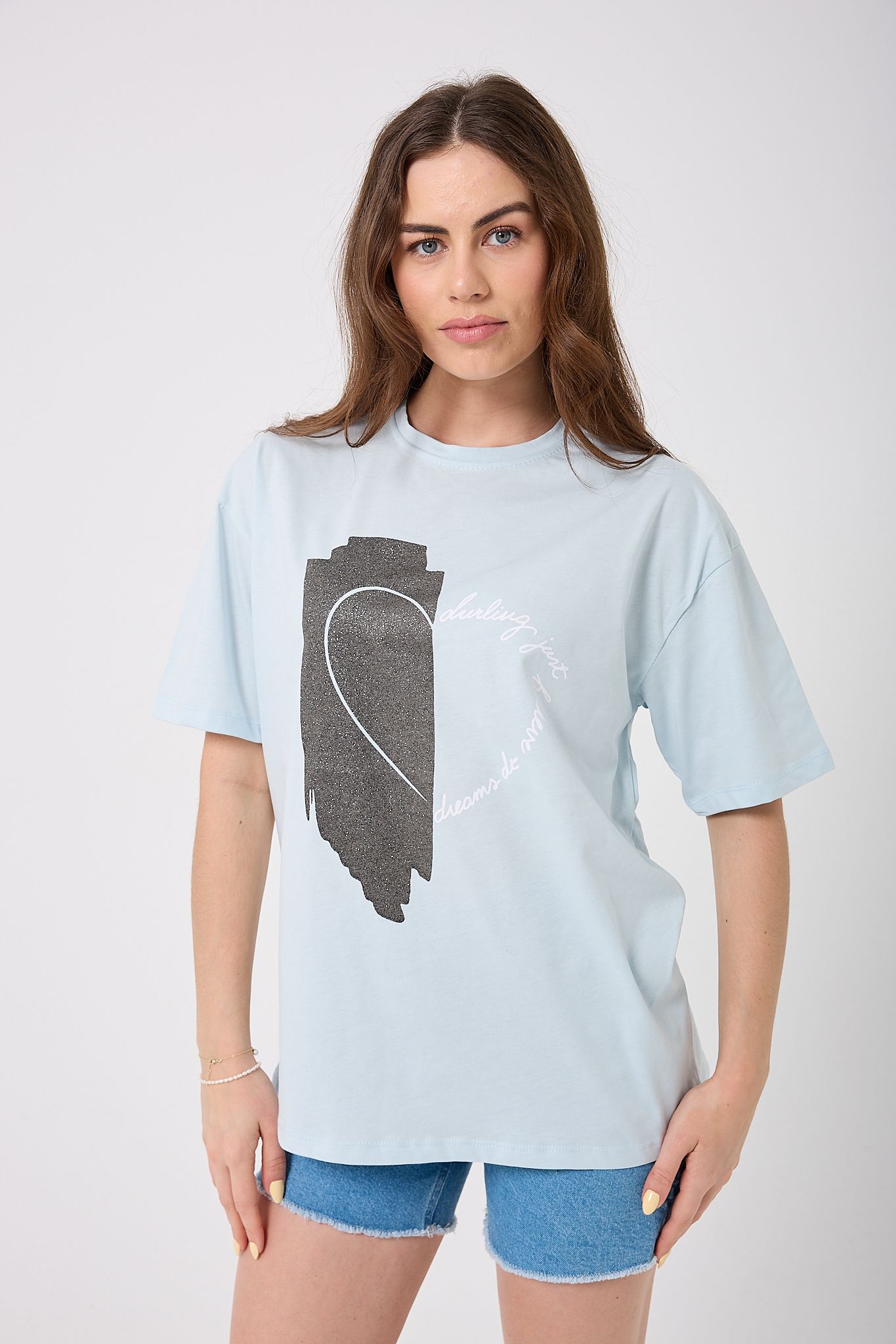Oversize Simli Yarım Kalp Baskılı T-Shirt