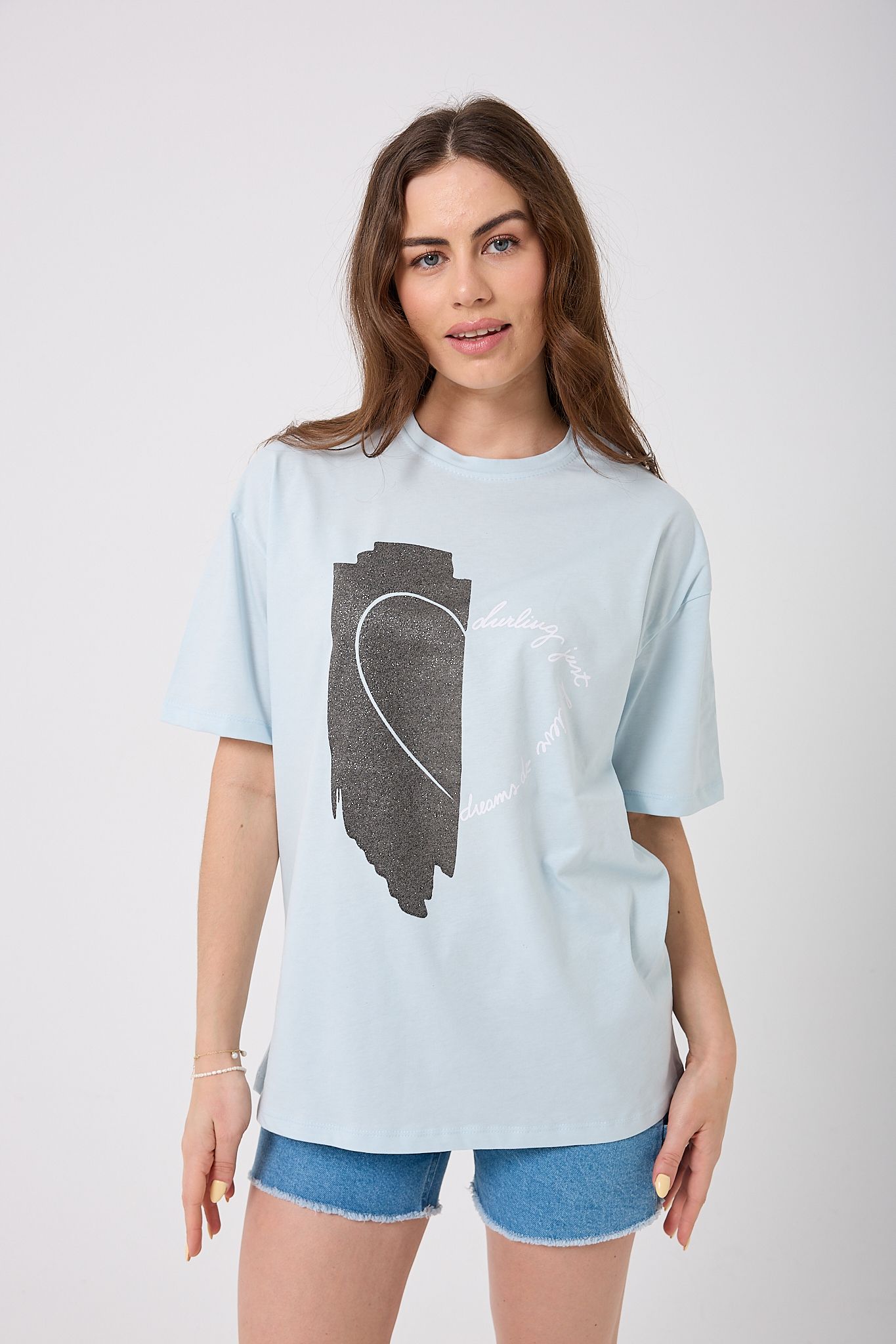 Oversize Simli Yarım Kalp Baskılı T-Shirt