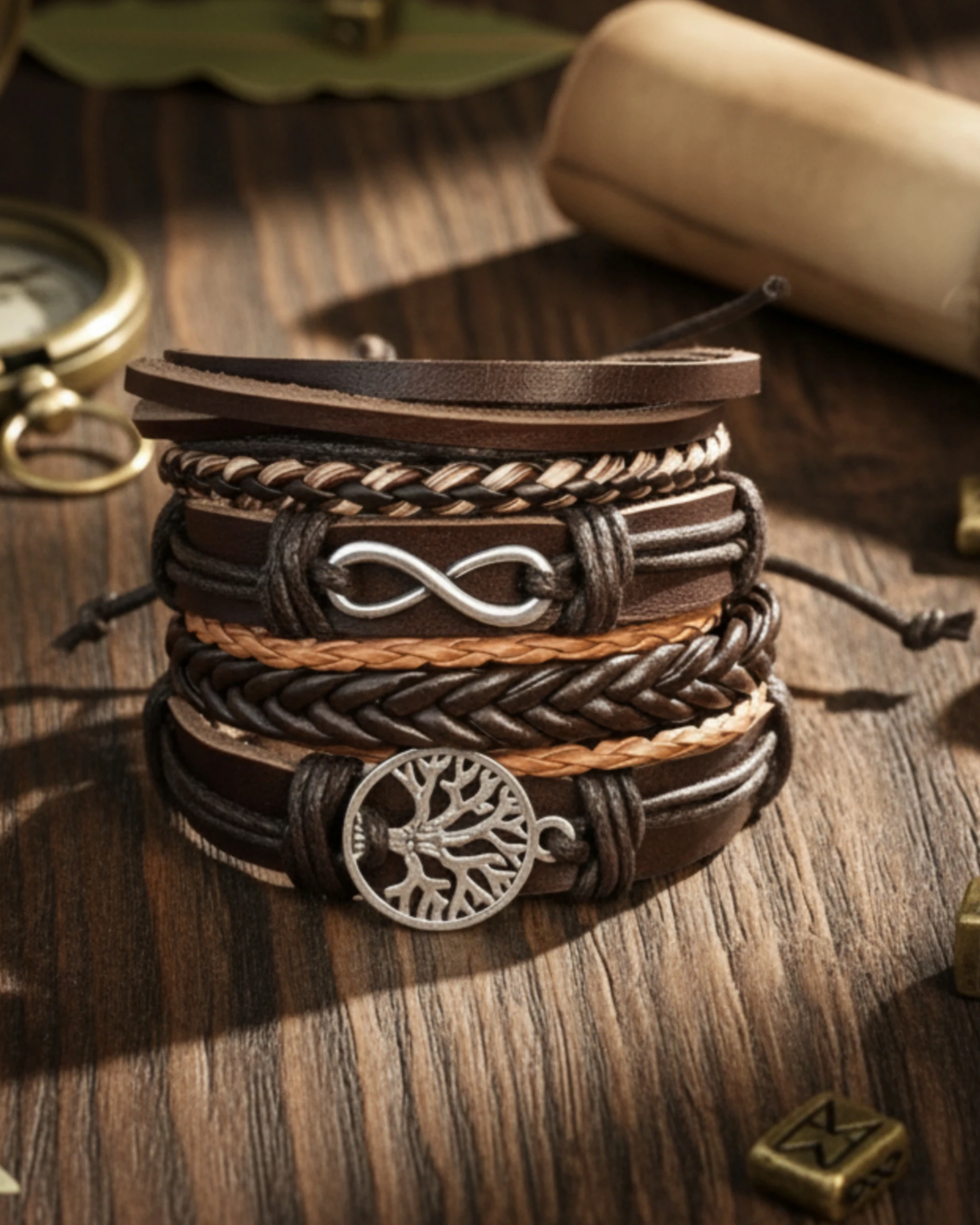 5 Adet Deri Bileklik Yaşam Ağacı Ve Sonsuzluk Figürlü Kahverengi Hakiki Deri Bileklik Erkek Bileklik Hediye Bileklik 
