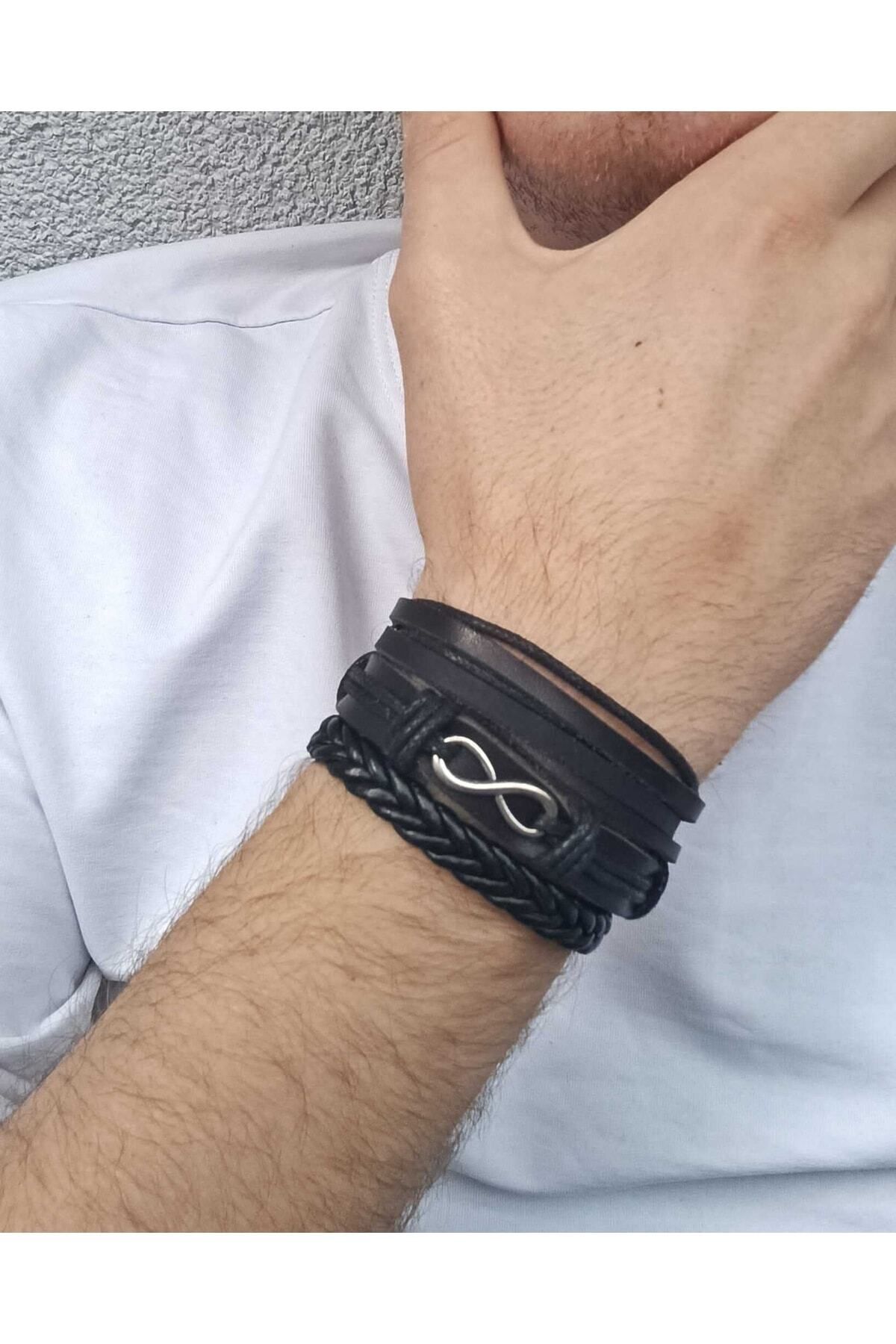 Sonsuzluk Figürlü 3 Parça Hakiki Deri Bileklik