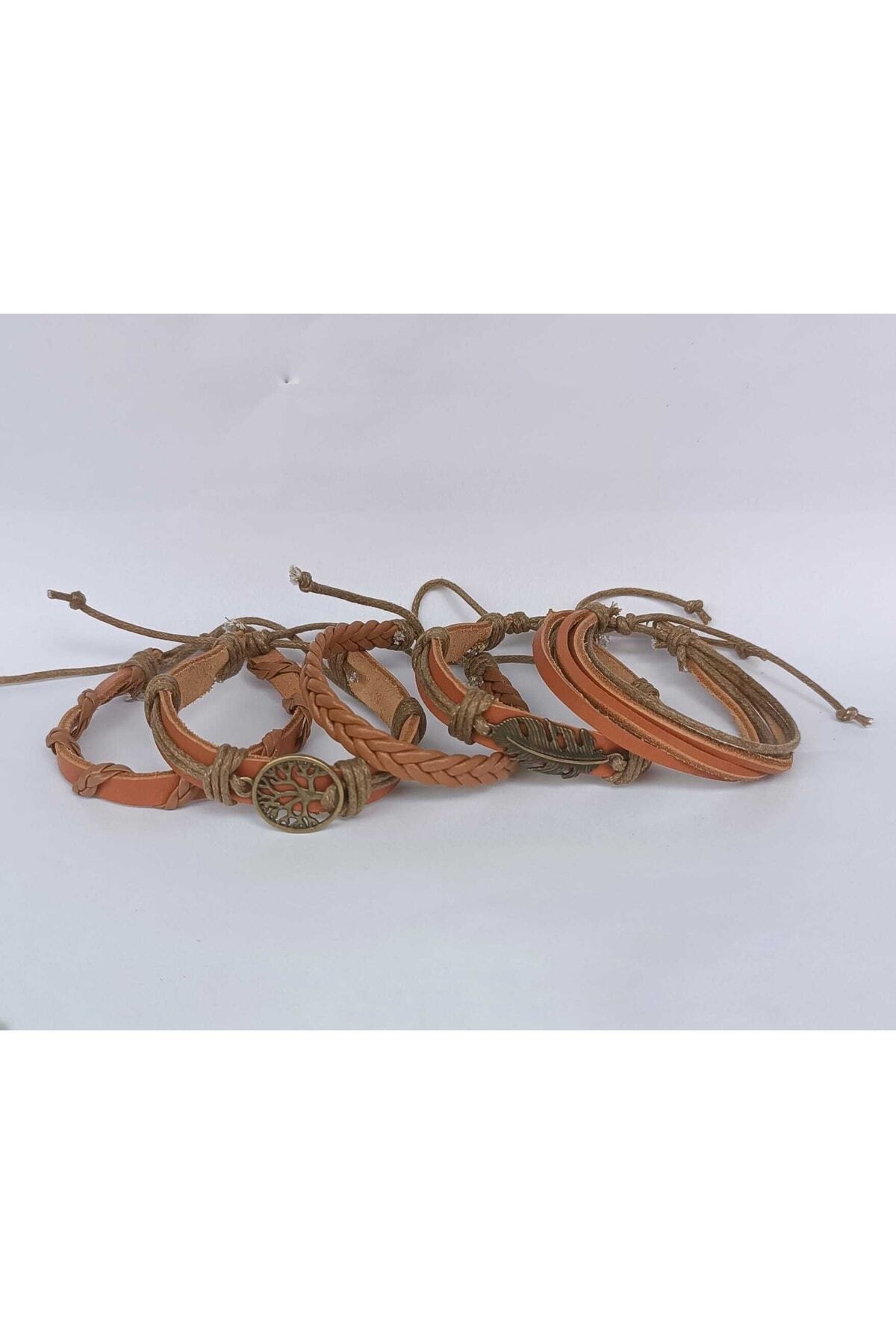 Yaprak Hayat Ağacı Antik Bronz Figürlü Taba Hakiki Deri Bileklik (5 PARÇA)