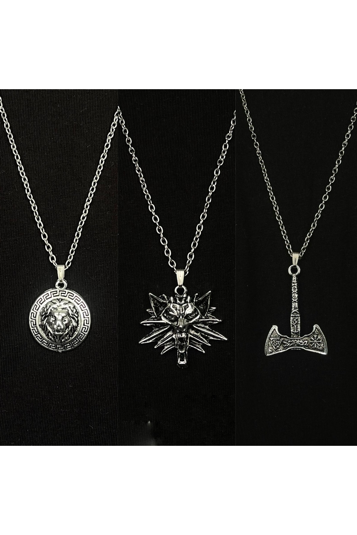İskandinav Thor Balta Aslan Kurt  Figürlü 3'lü Kolye