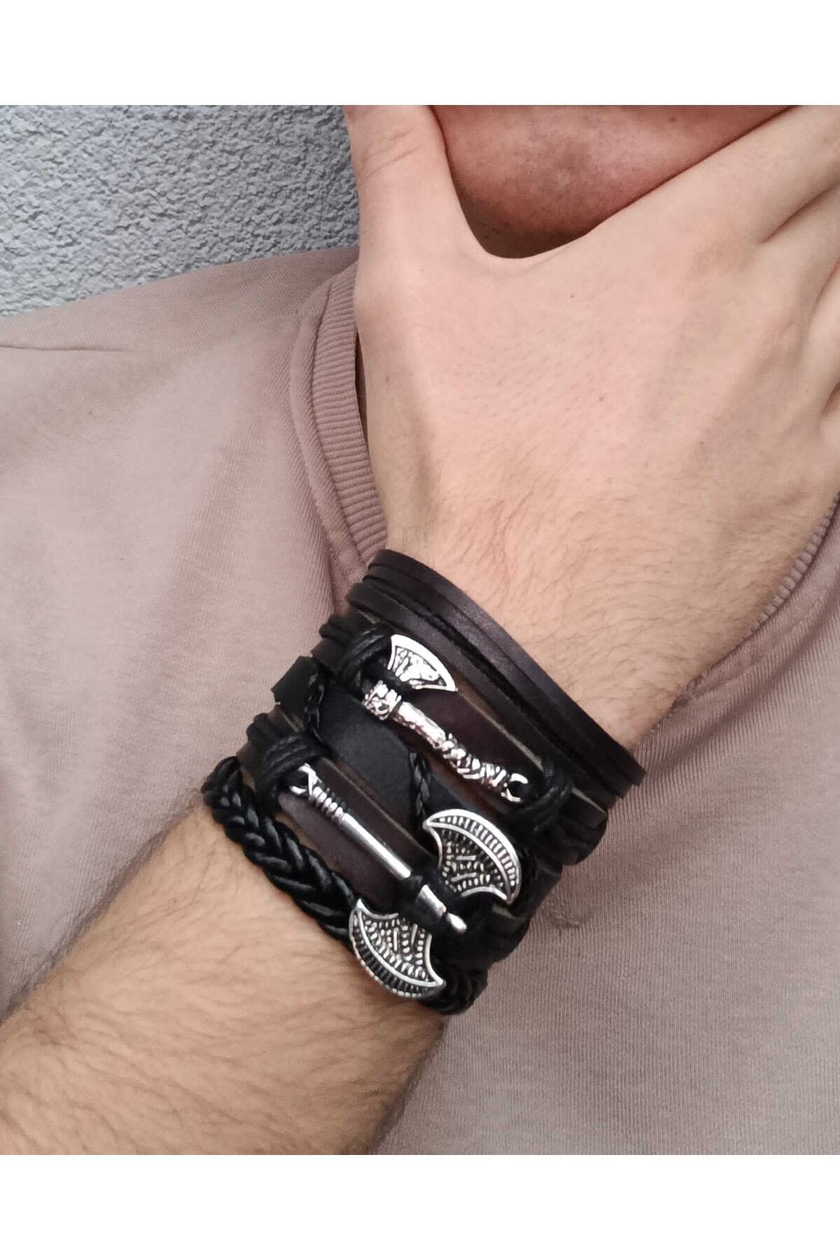 Viking Thor Nordic 5'li Balta Figürlü Deri Bileklik