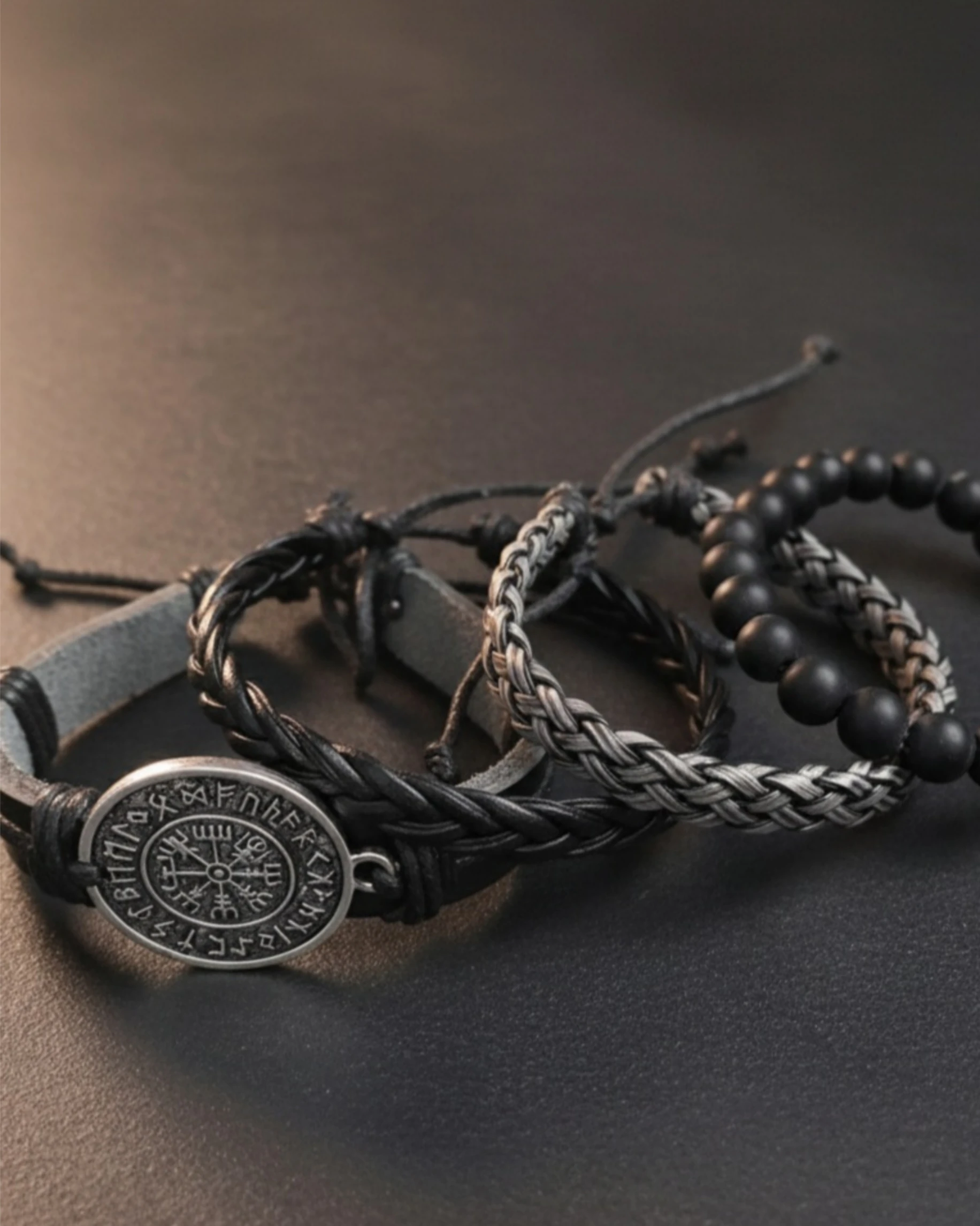 4'lü Pusula Vegvisir Figürlü Hakiki Deri Bileklik 