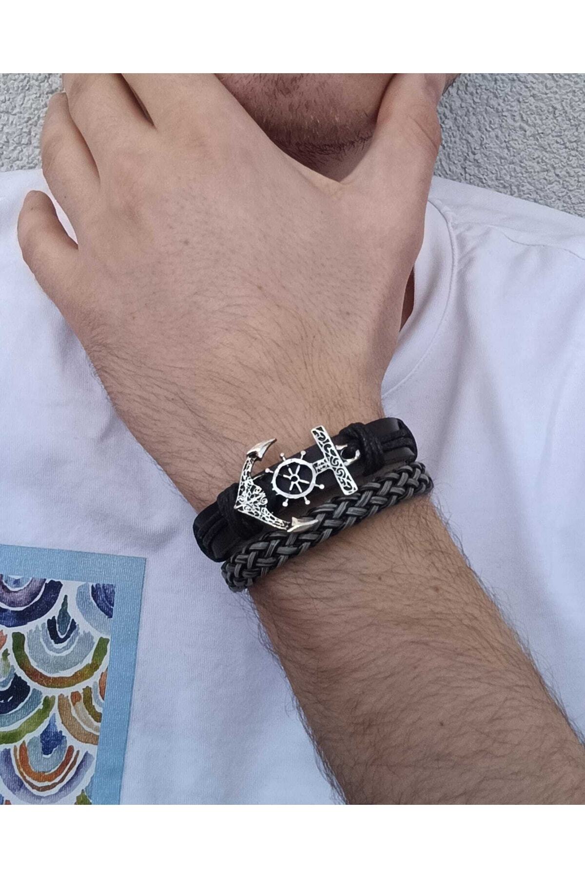 Çapa Figürlü 2'li Hakiki Deri Bileklik
