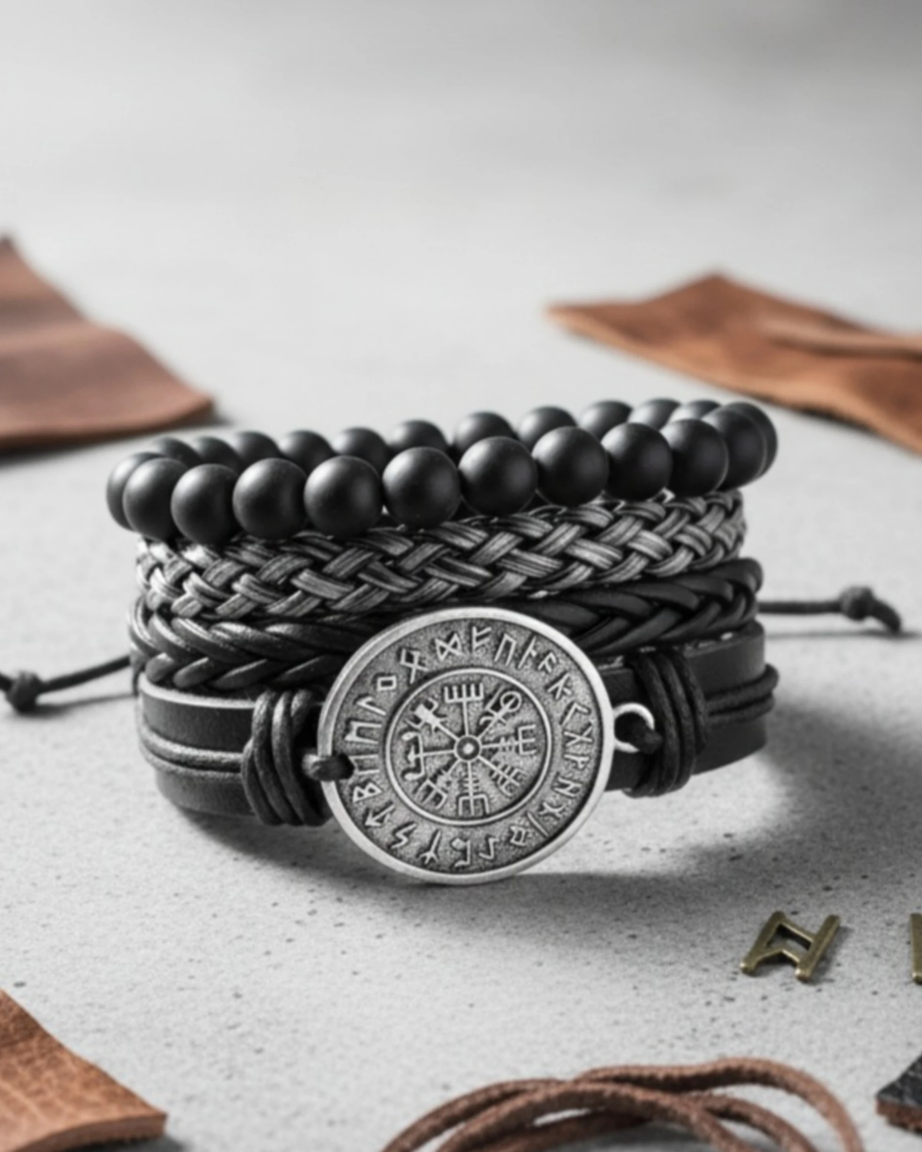 4'lü Pusula Vegvisir Figürlü Hakiki Deri Bileklik 