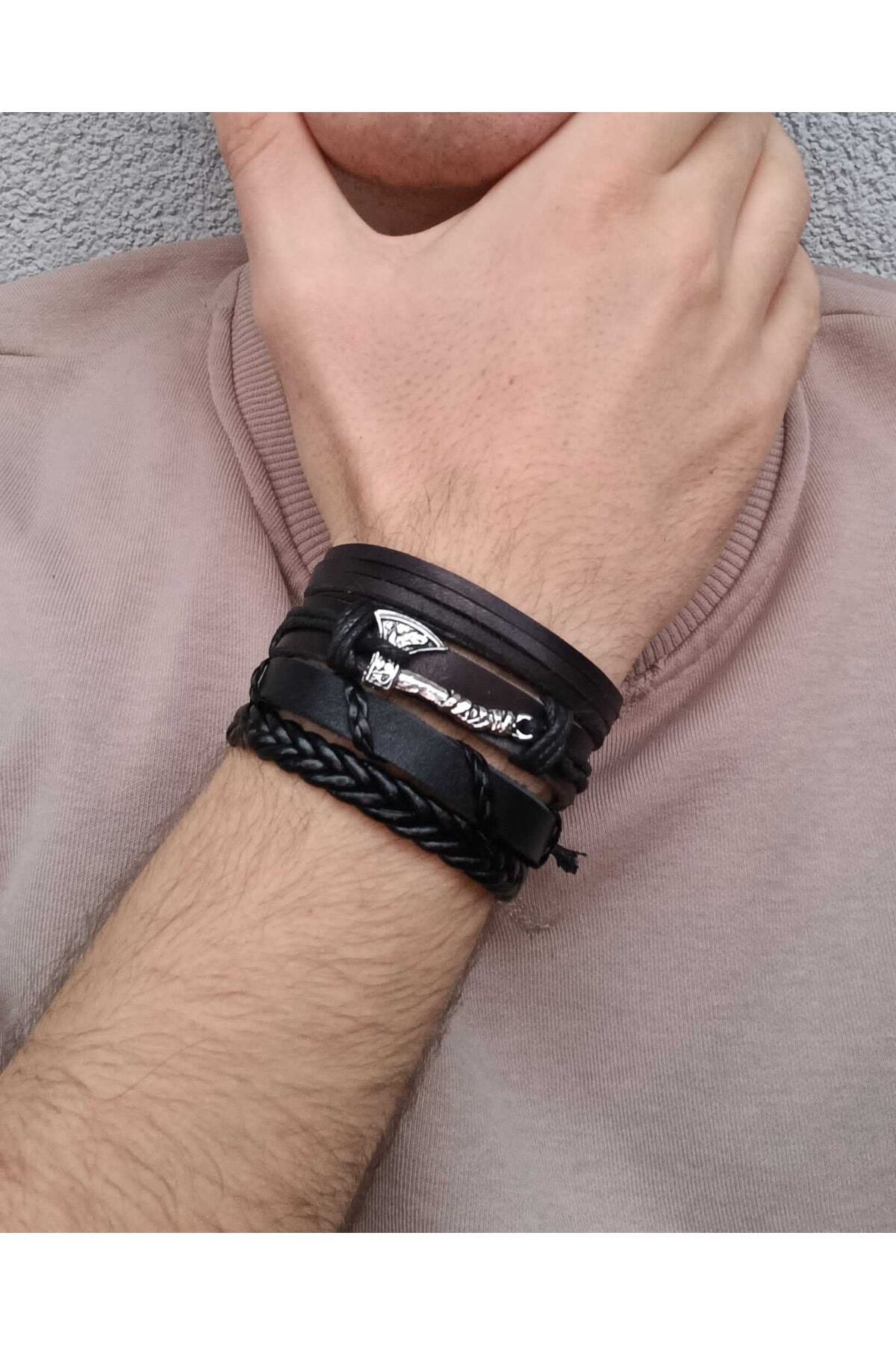 Viking Thor Nordic 5'li Balta Figürlü Deri Bileklik