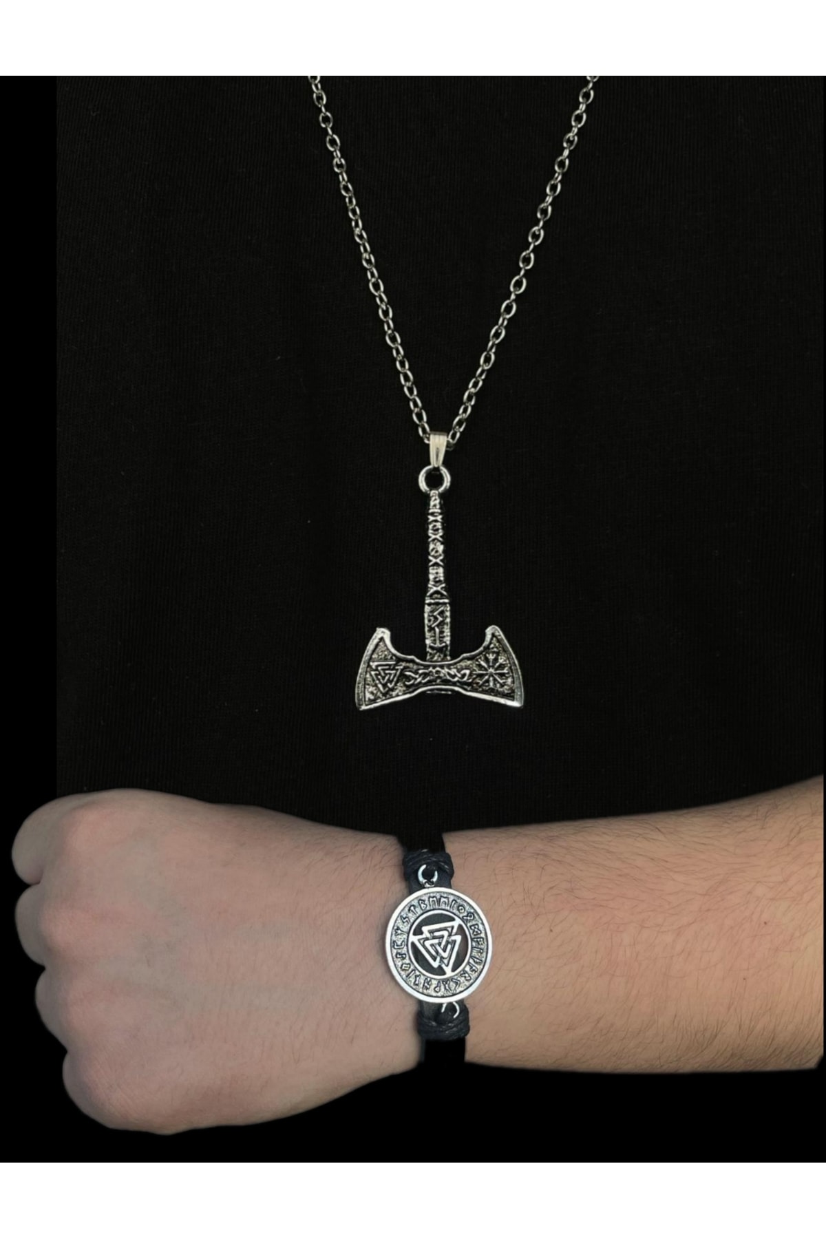 2'li Kombin Viking Valknut Figürlü Balta Figürlü Kolye Ve Valknut Figürlü Hakiki Deri Bileklik