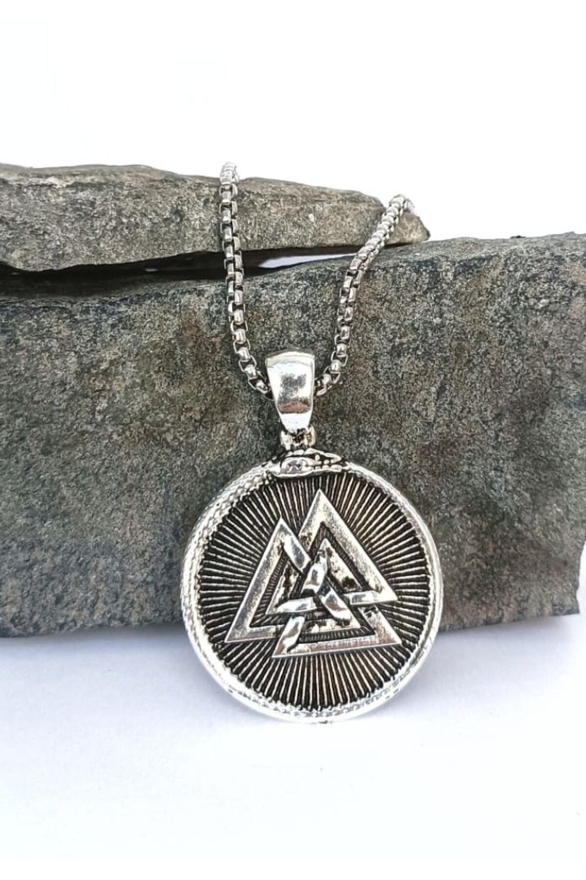 İskandinav Çift Taraflı Tılsım Pusula Valknut Figürlü Kolye