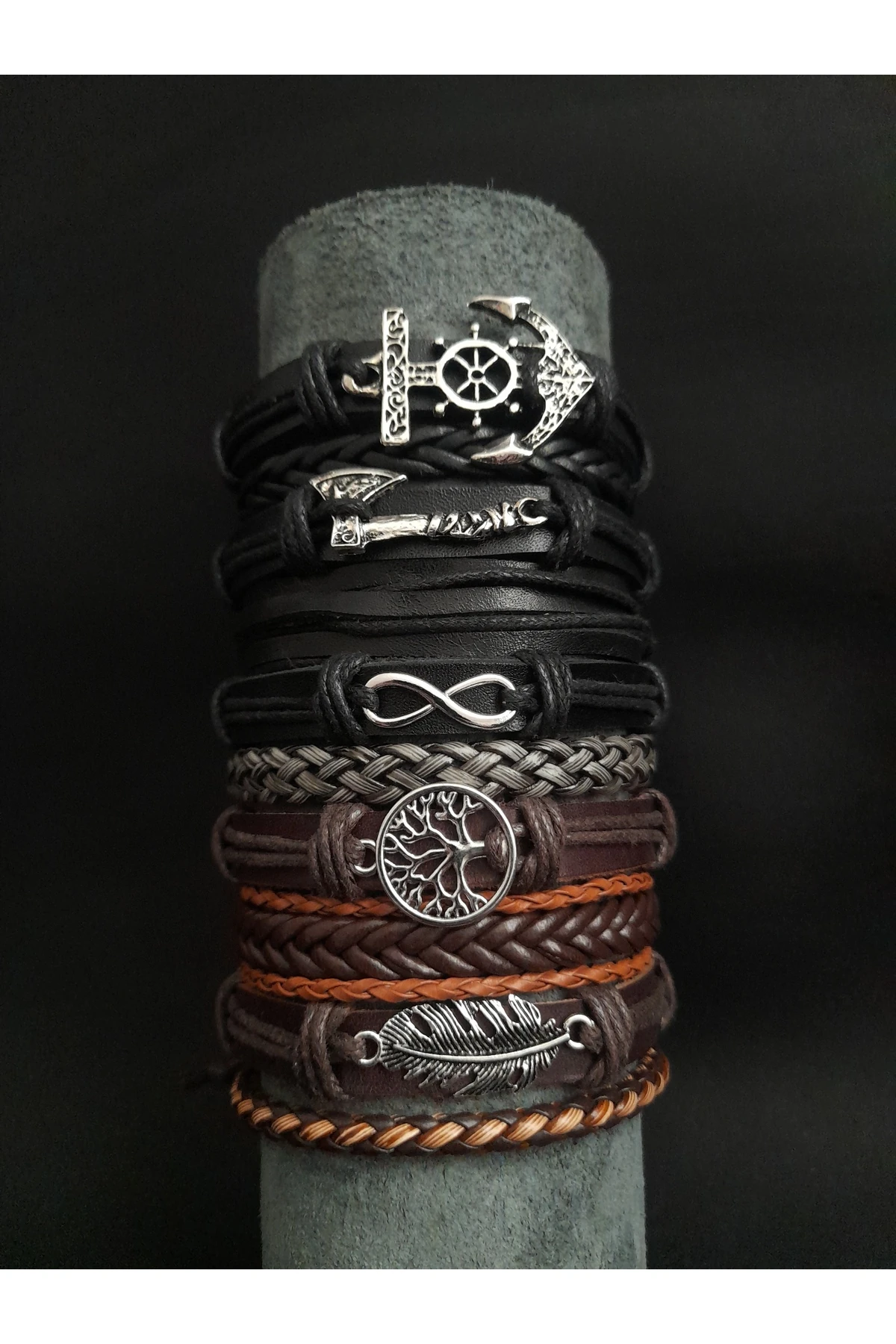 10 Adet  Karışık Toptan Hakiki Deri Bileklik Charm Erkek Ayarlanabilir Deri Bileklik Hediye Bileklik