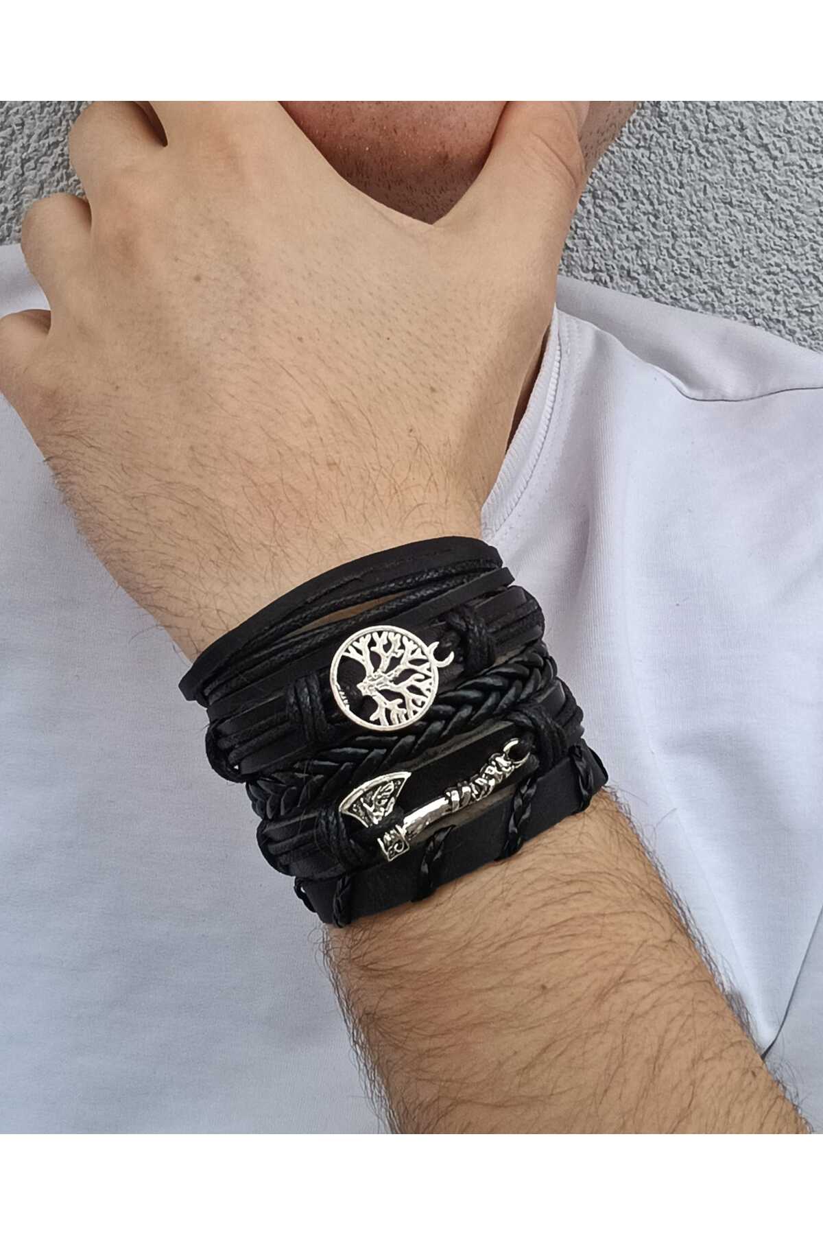 İSKANDİNAV BALTA FİGÜRLÜ DERİ BİLEKLİK ANAHTARLIK VE KOLYE 3'LÜ SET