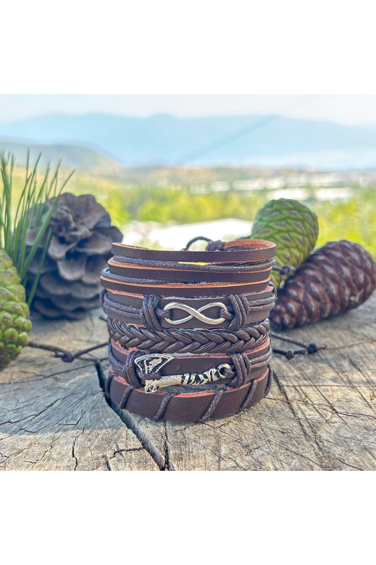 SONSUZLUK VE BALTA TASARIM 5'Lİ HAKİKİ DERİ ERKEK BİLEKLİK