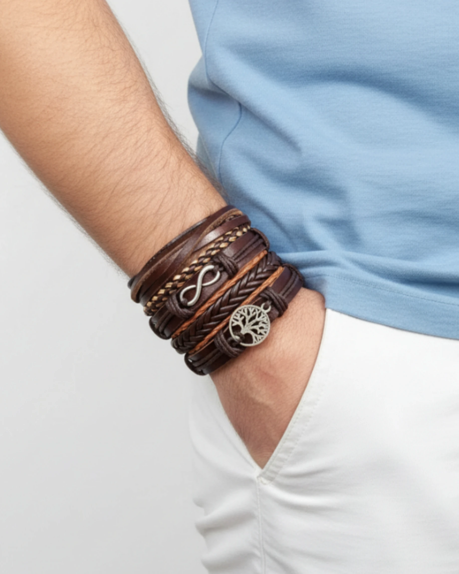 5 Adet Deri Bileklik Yaşam Ağacı Ve Sonsuzluk Figürlü Kahverengi Hakiki Deri Bileklik Erkek Bileklik Hediye Bileklik 