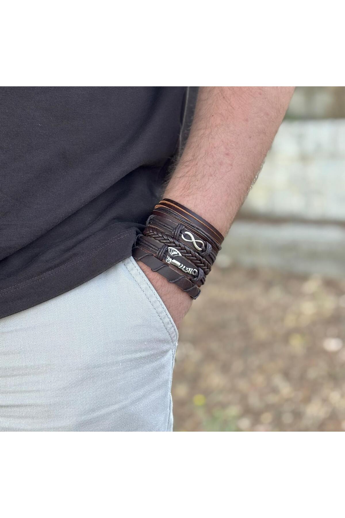SONSUZLUK VE BALTA TASARIM 5'Lİ HAKİKİ DERİ ERKEK BİLEKLİK