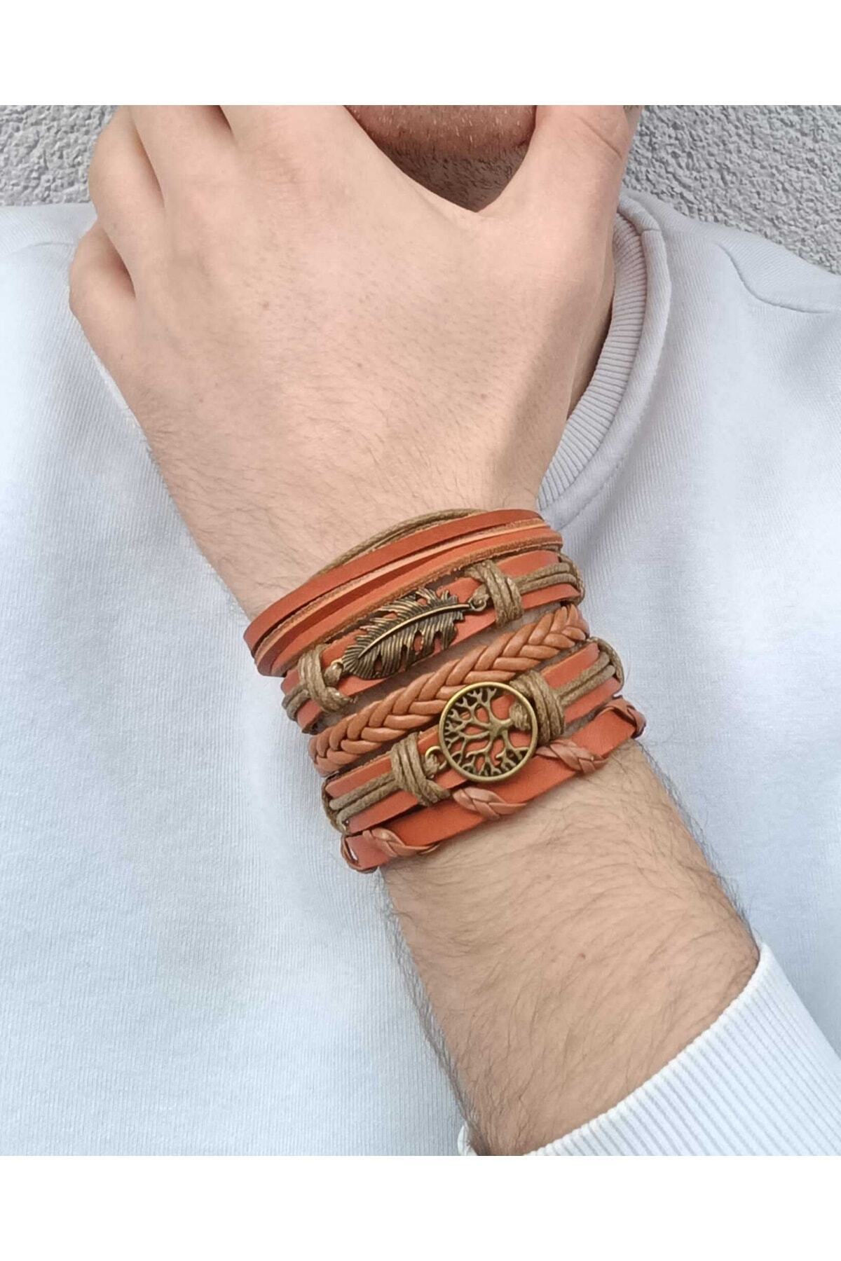 Yaprak Hayat Ağacı Antik Bronz Figürlü Taba Hakiki Deri Bileklik (5 PARÇA)