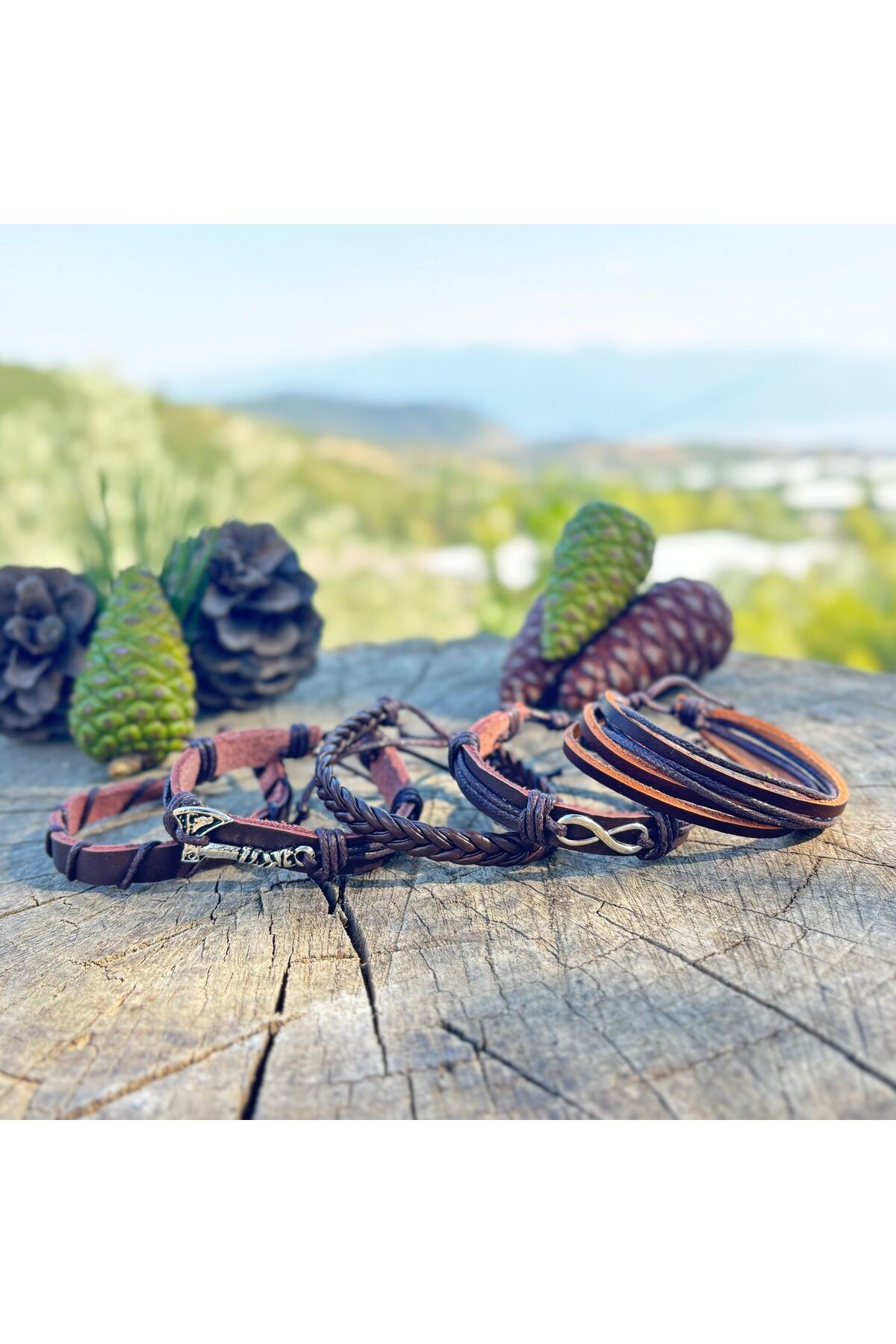 SONSUZLUK VE BALTA TASARIM 5'Lİ HAKİKİ DERİ ERKEK BİLEKLİK