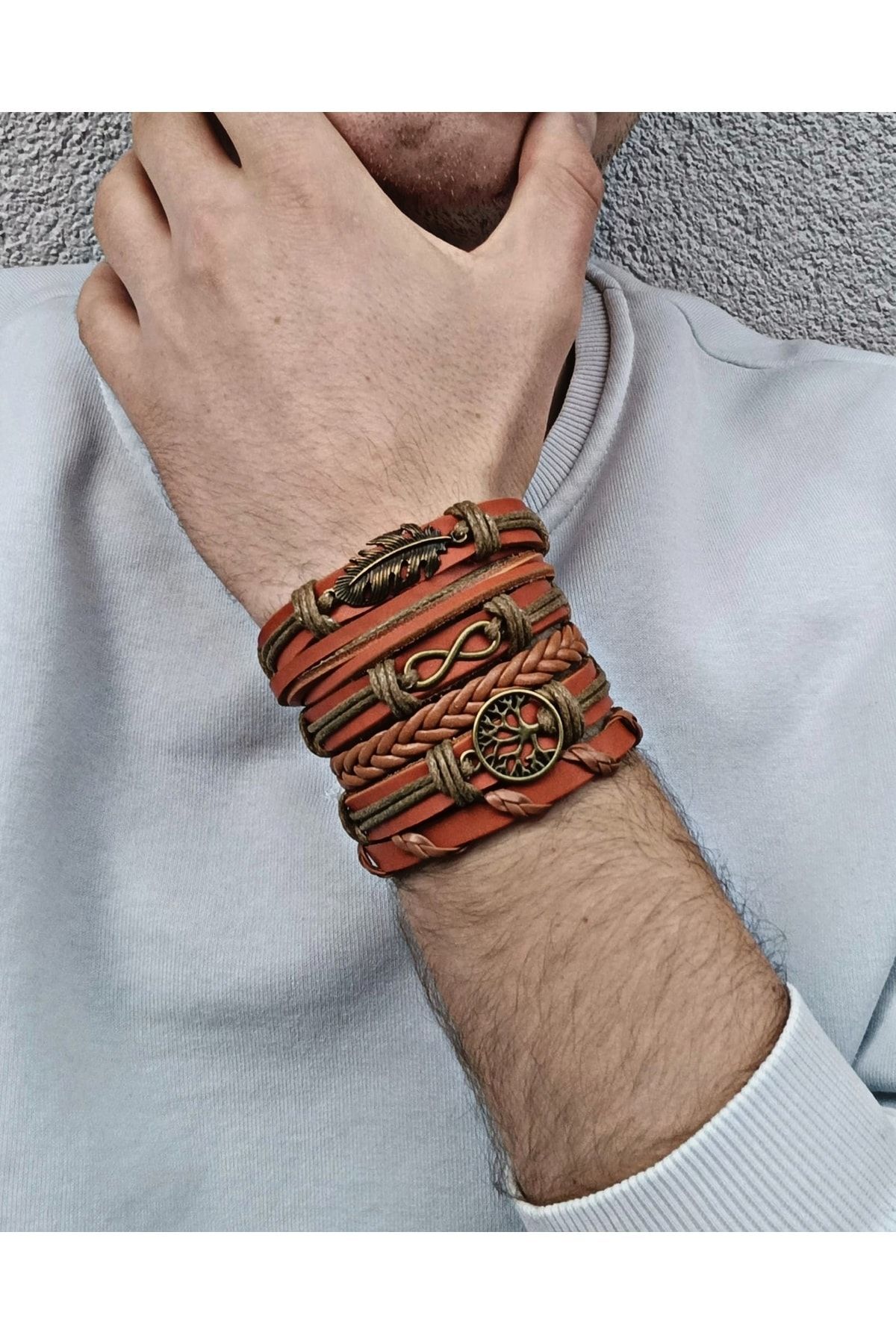 Yaşam Ağacı Sonsuzluk Yaprak Antik Bronz Figürlü Taba Hakiki Deri Bileklik 6'lı