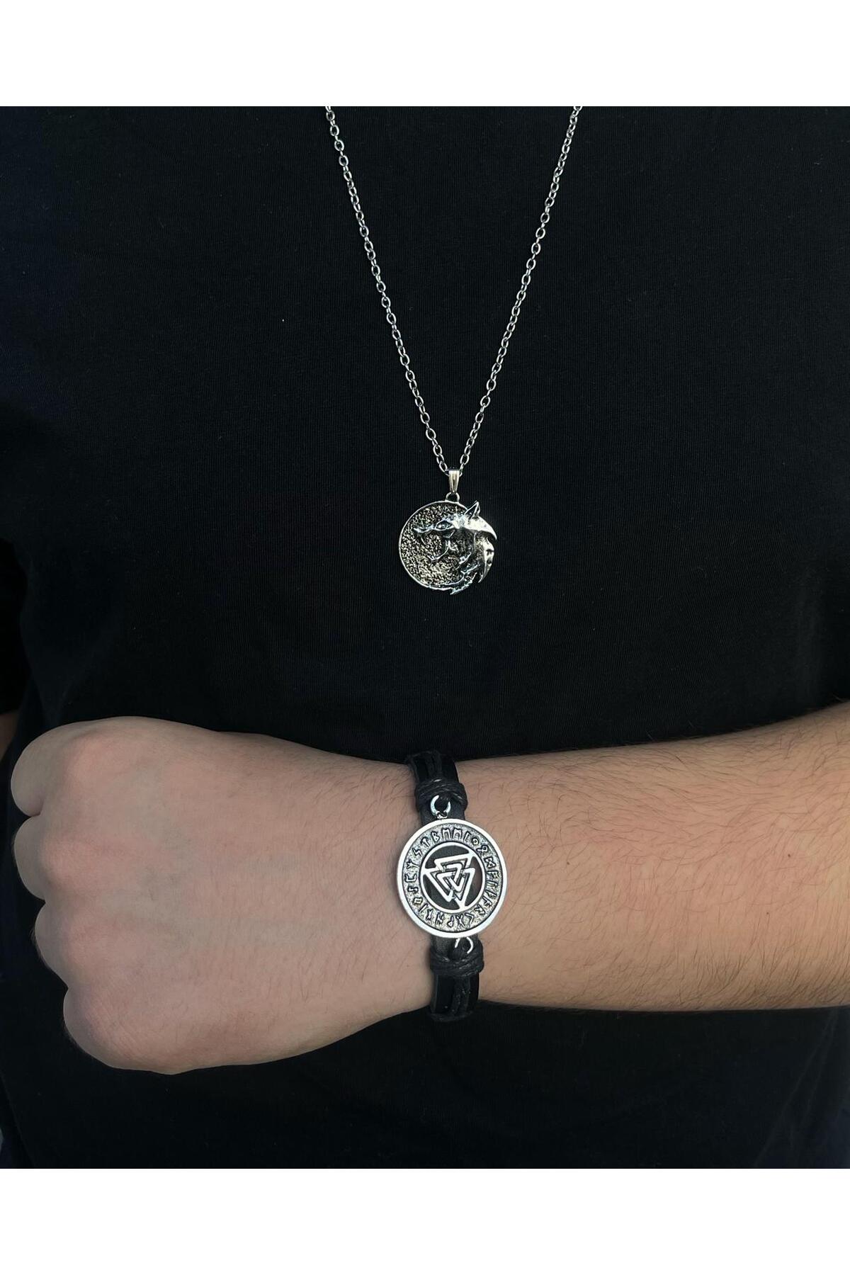 2'li Kombin Viking İskandinav Ejderha Figürlü Kolye Ve Valknut Figürlü Hakiki Deri Bileklik