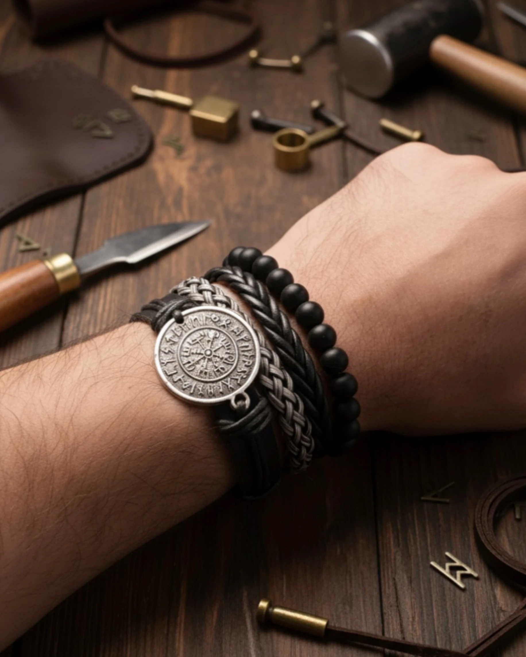 4'lü Pusula Vegvisir Figürlü Hakiki Deri Bileklik 